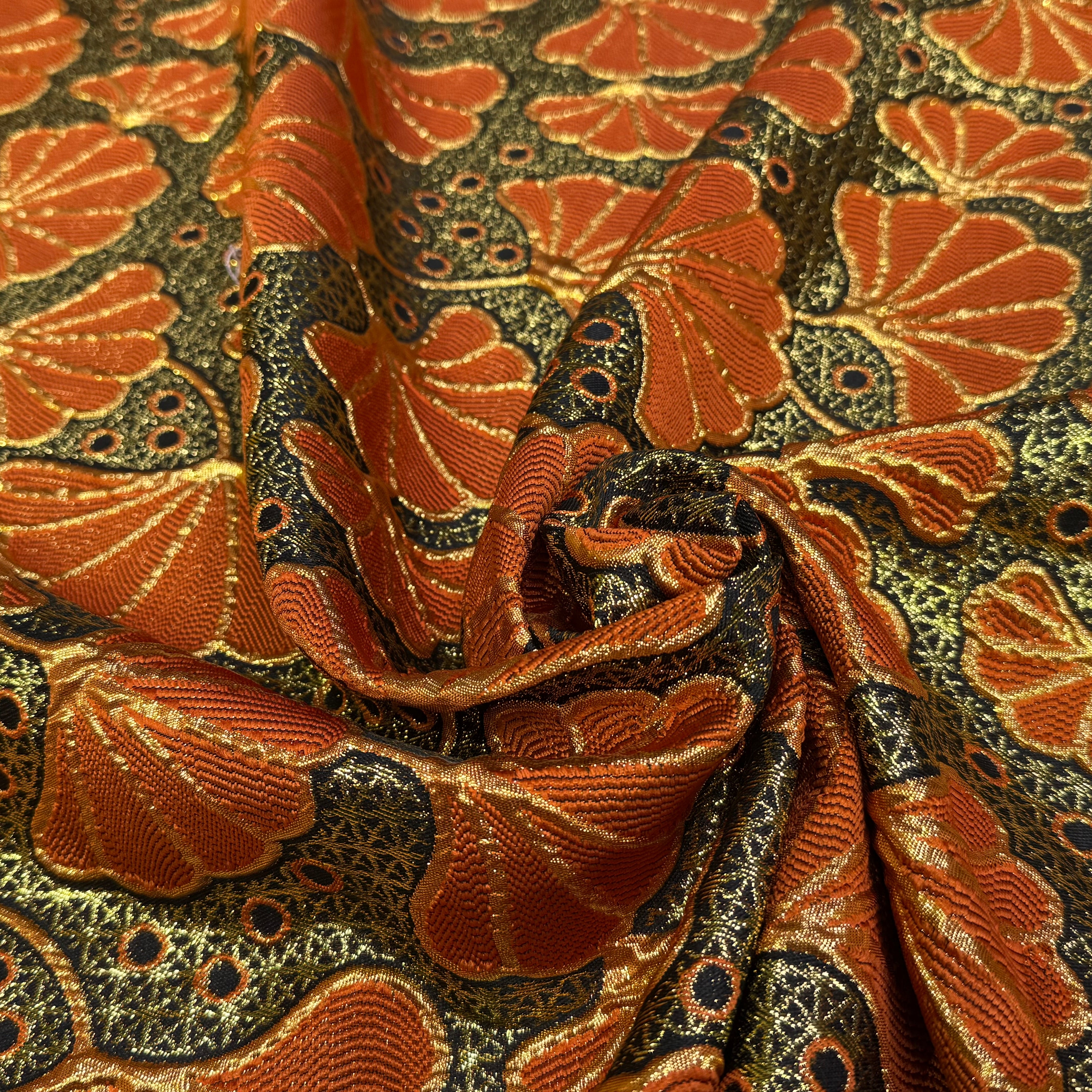BROCART ARGENTÉ FEUILLAGES ORANGE GOLD - My Little Coupon