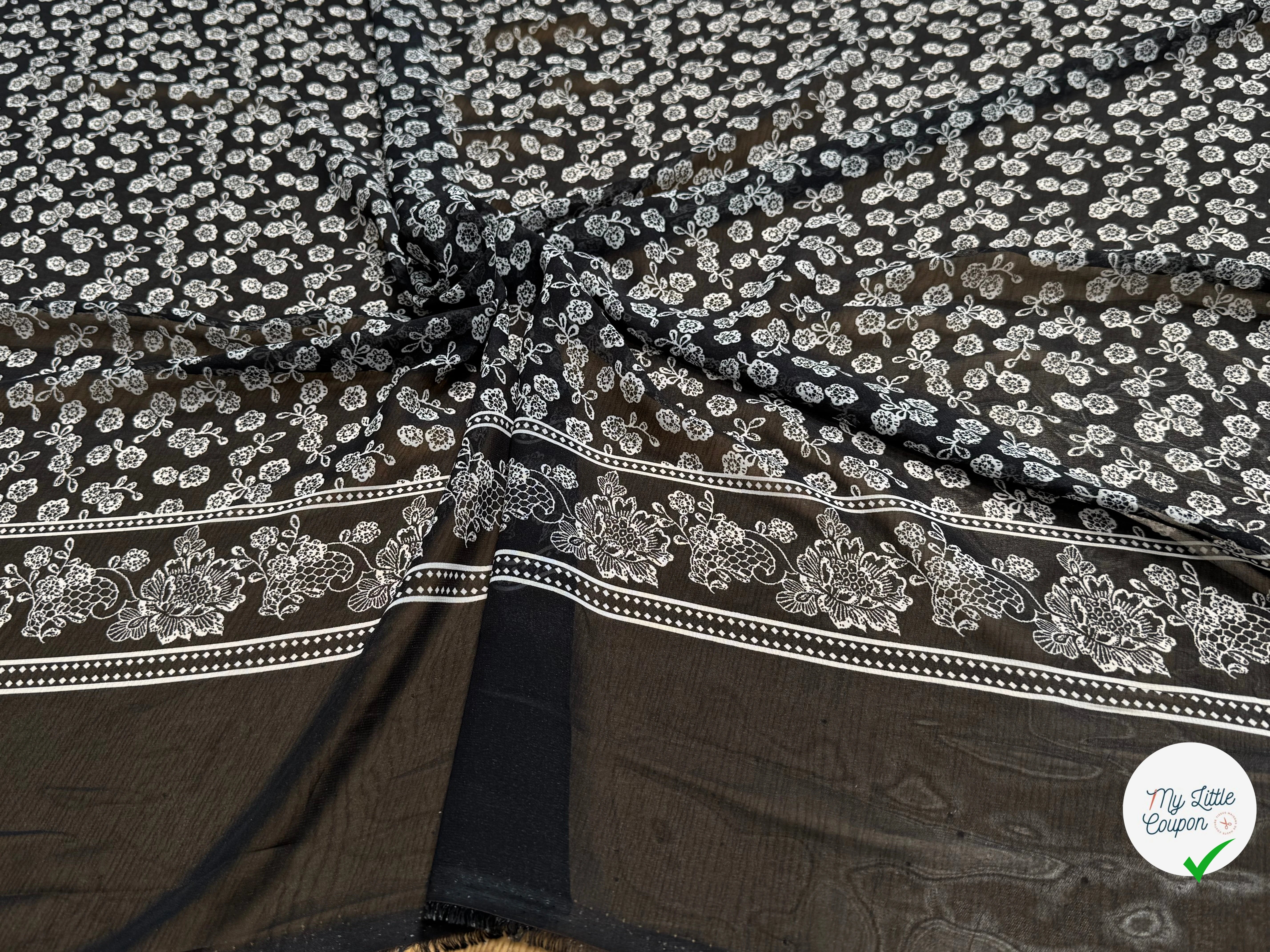 CHIFFON IMPRIMÉ CHIC MOTIFS FLORAUX BLANC SUR FOND NOIR - My Little Coupon