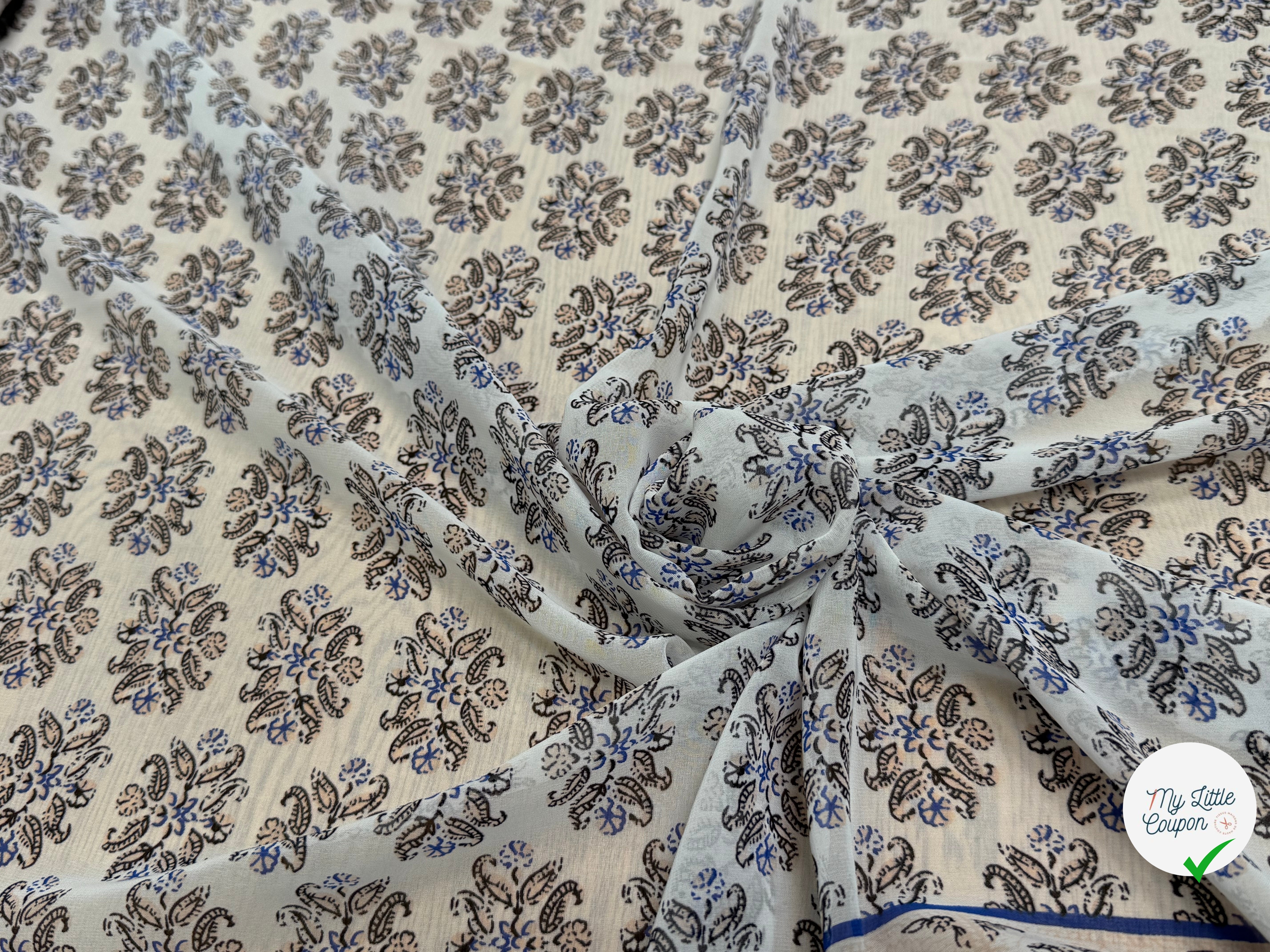 CHIFFON IMPRIMÉ FEUILLAGES CREME BLEU FOND ÉCRU - My Little Coupon