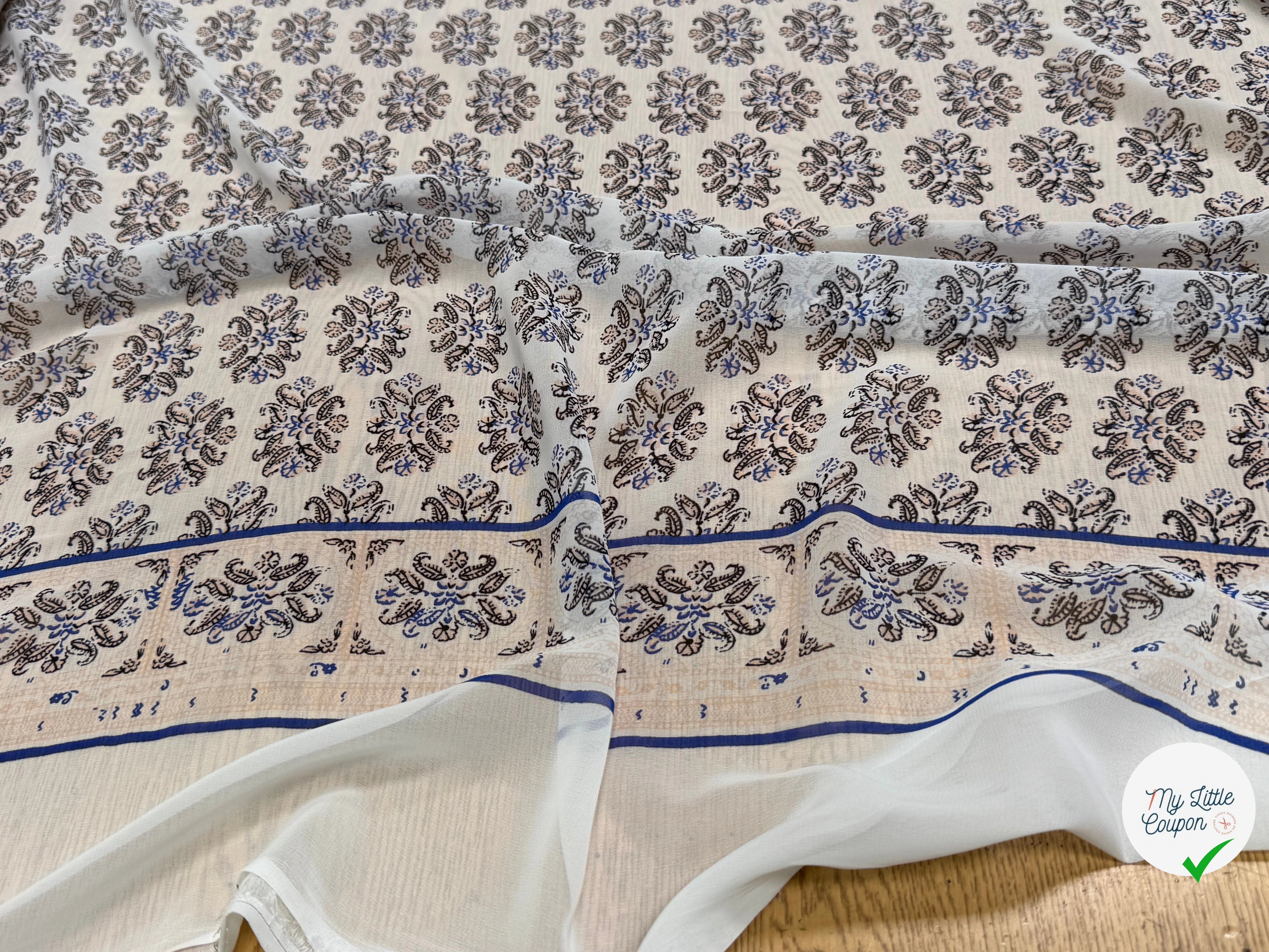 CHIFFON IMPRIMÉ FEUILLAGES CREME BLEU FOND ÉCRU - My Little Coupon