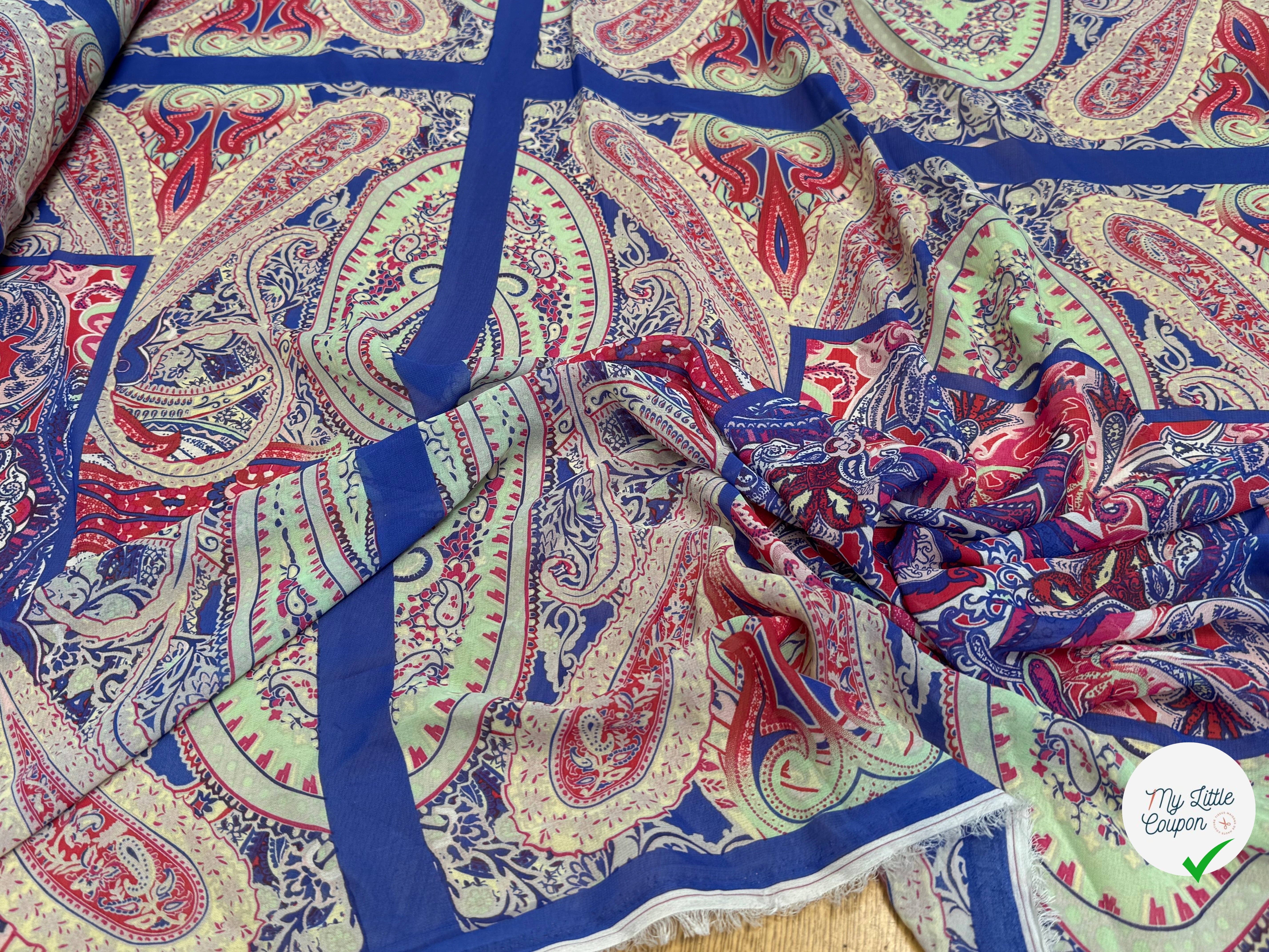 CHIFFON IMPRIMÉ GRAPHIQUE FOND BLEU PANNEAU - My Little Coupon