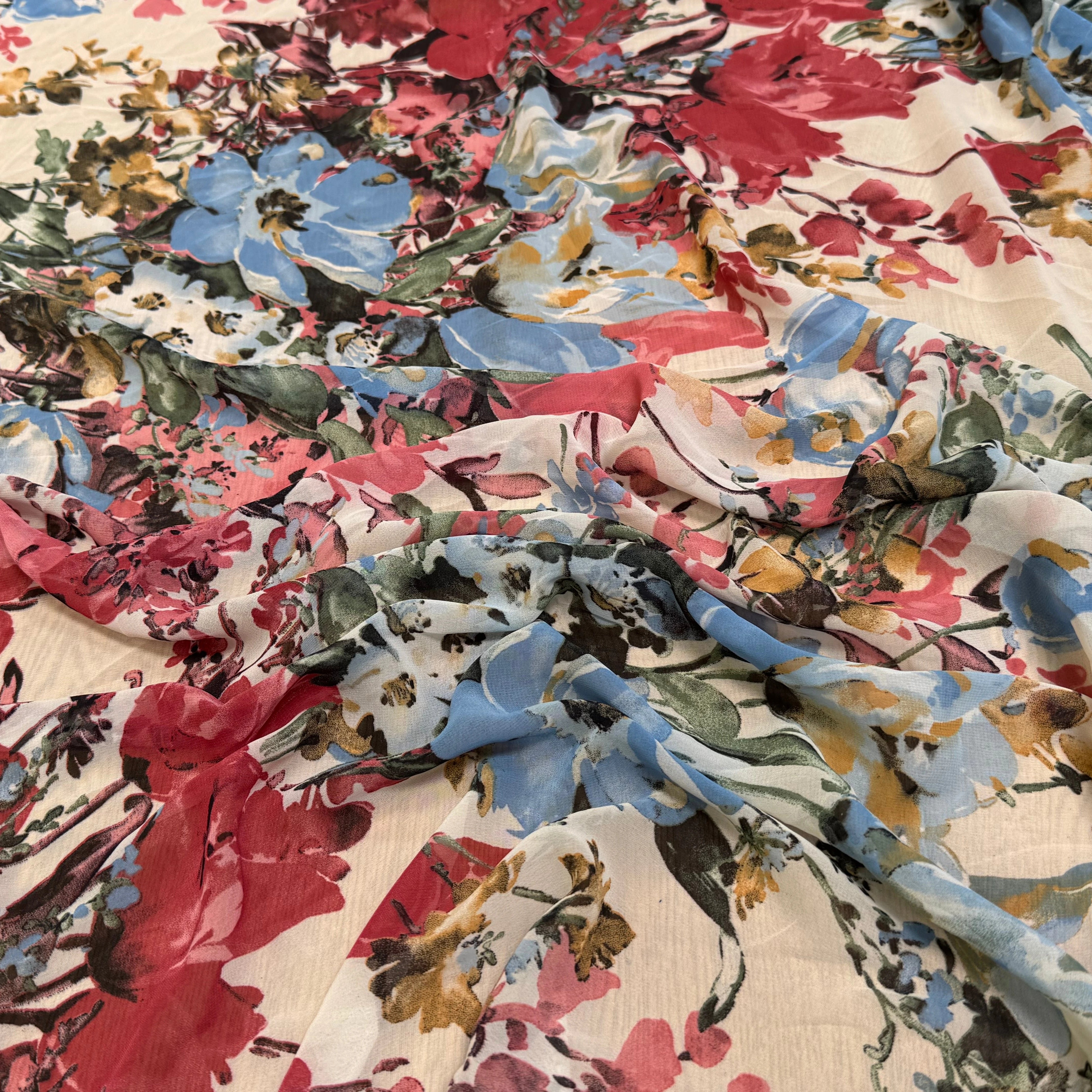 CHIFFON IMPRIMÉ GROSSES FLEURS BLEU ROUGE ULTRA BEAU - My Little Coupon