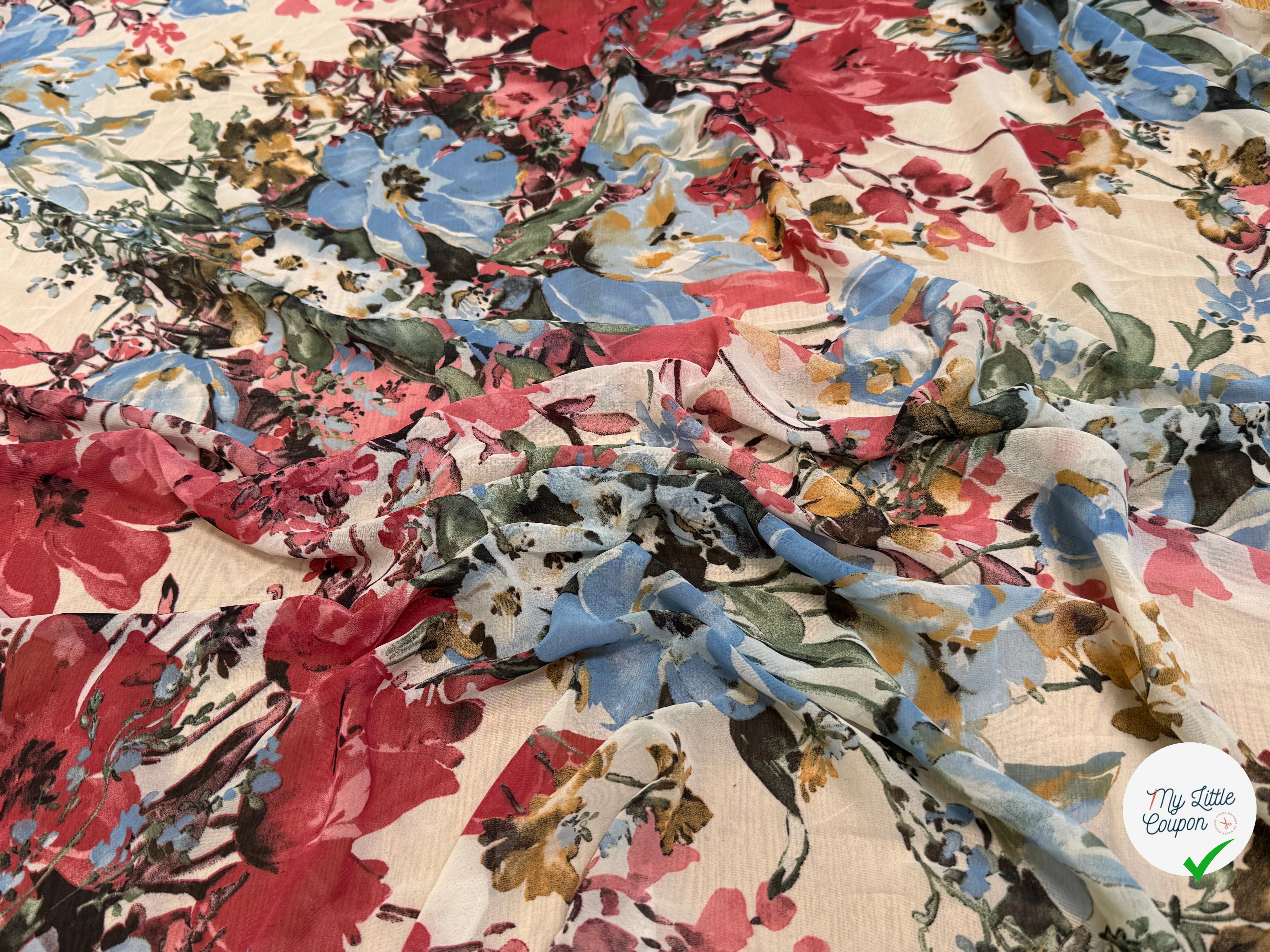 CHIFFON IMPRIMÉ GROSSES FLEURS BLEU ROUGE ULTRA BEAU - My Little Coupon