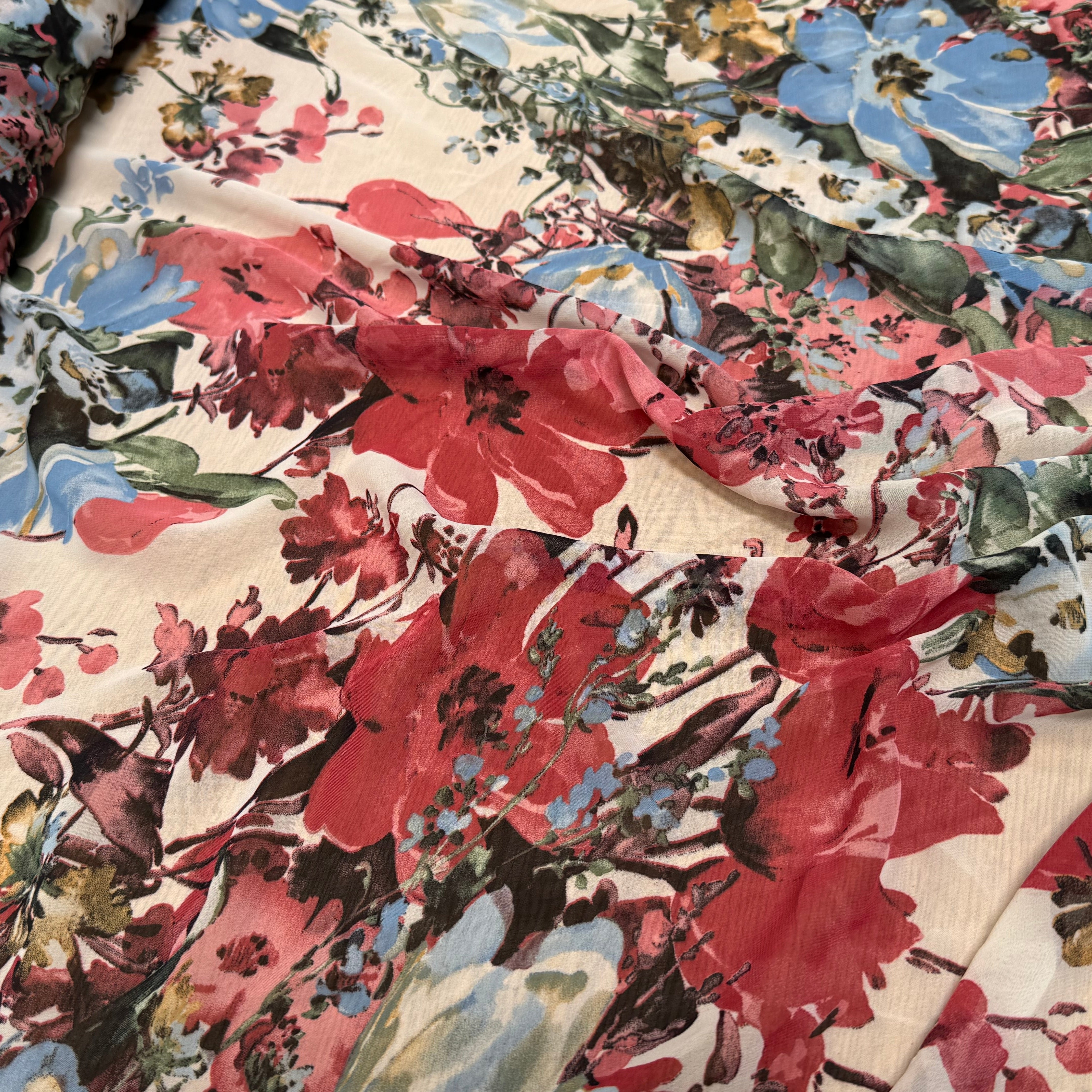 CHIFFON IMPRIMÉ GROSSES FLEURS BLEU ROUGE ULTRA BEAU - My Little Coupon