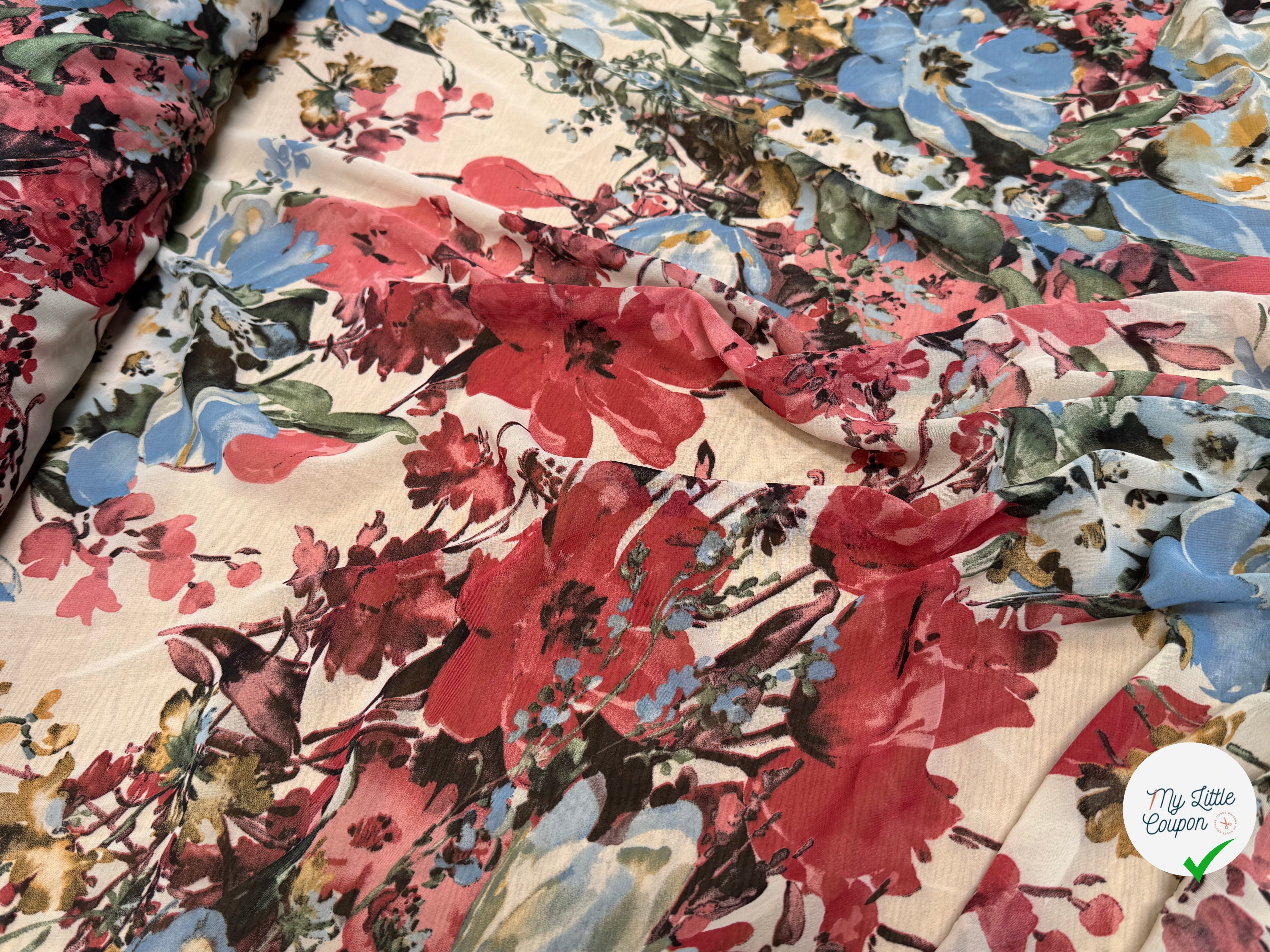 CHIFFON IMPRIMÉ GROSSES FLEURS BLEU ROUGE ULTRA BEAU - My Little Coupon
