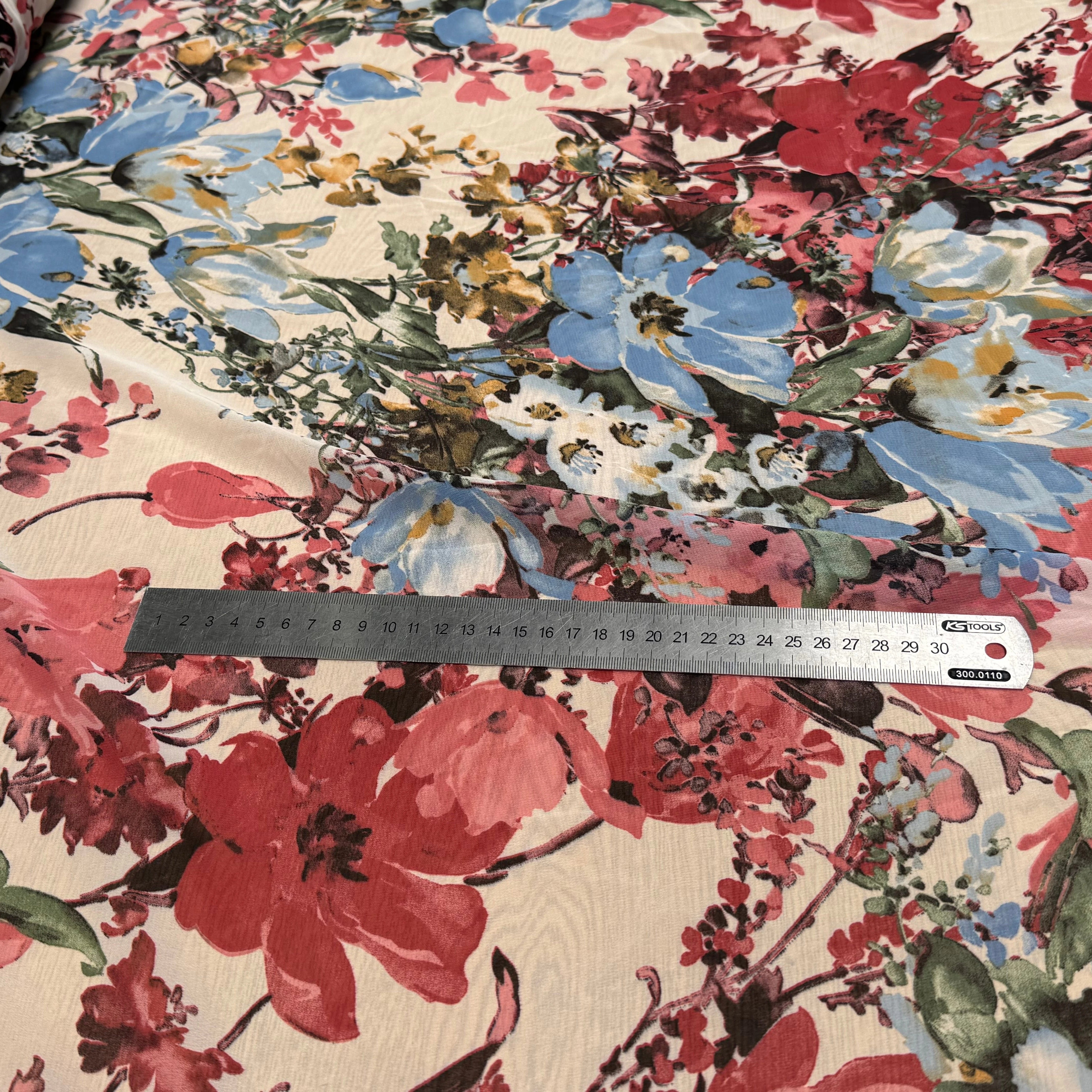 CHIFFON IMPRIMÉ GROSSES FLEURS BLEU ROUGE ULTRA BEAU - My Little Coupon