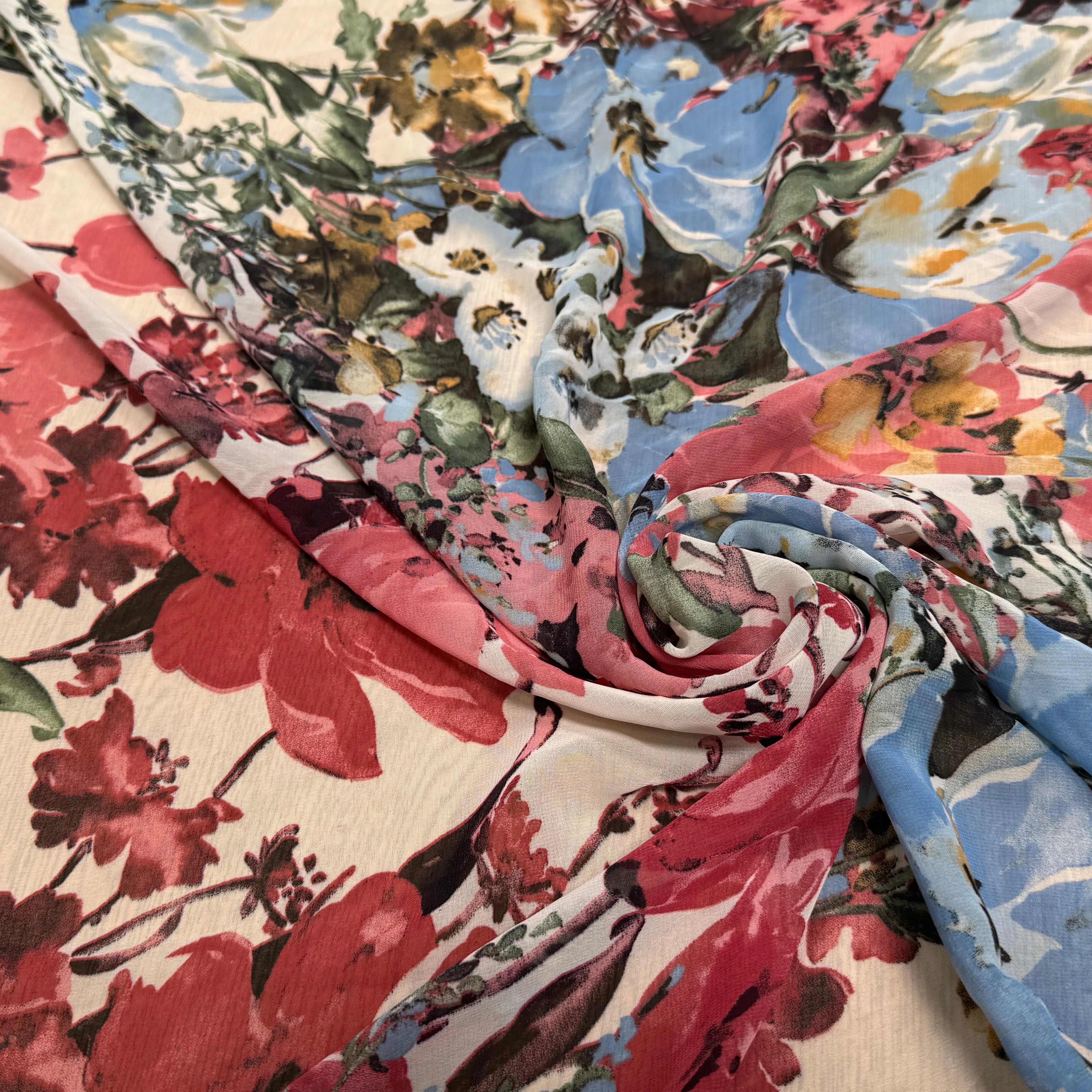 CHIFFON IMPRIMÉ GROSSES FLEURS BLEU ROUGE ULTRA BEAU - My Little Coupon