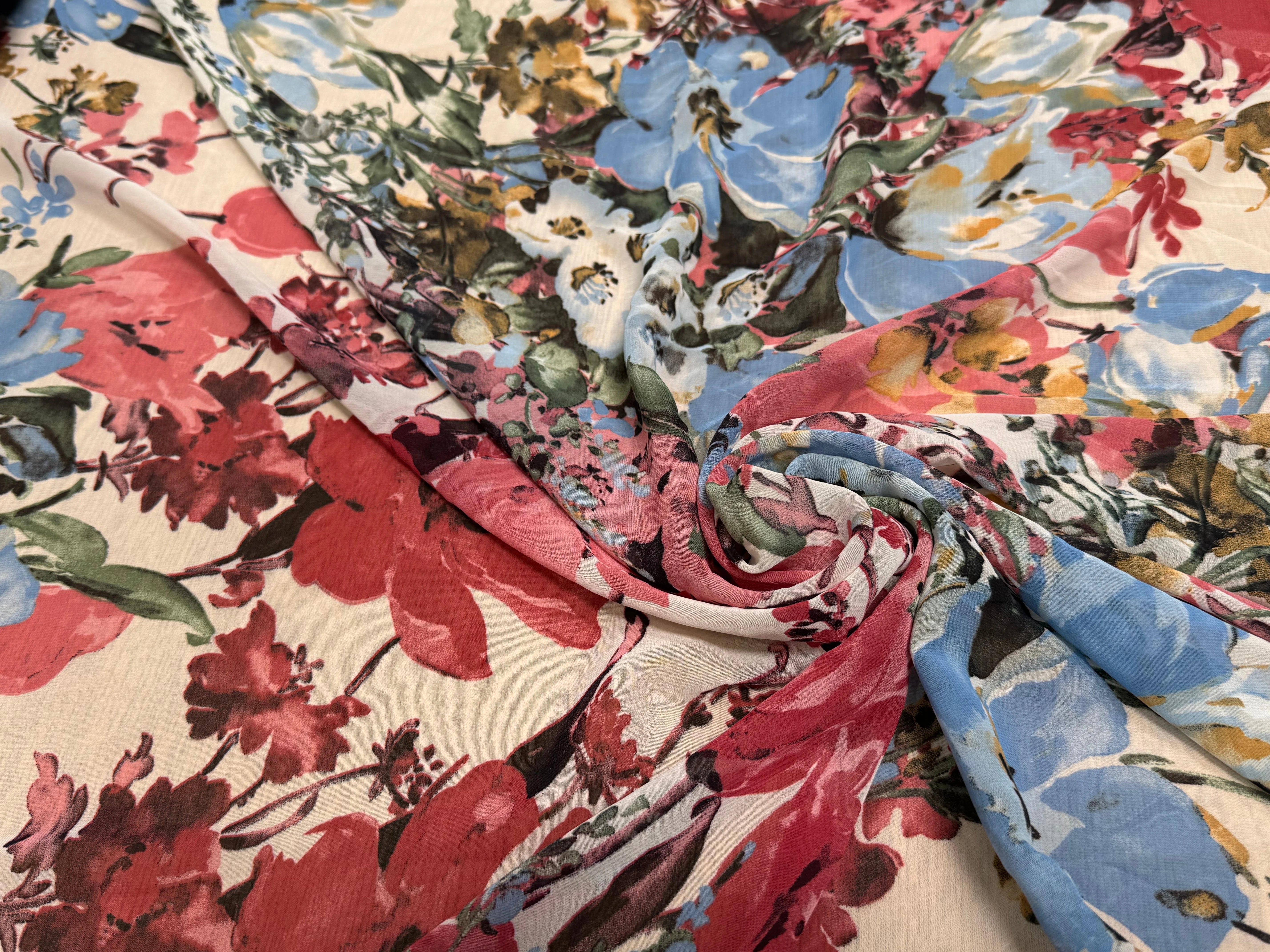 CHIFFON IMPRIMÉ GROSSES FLEURS BLEU ROUGE ULTRA BEAU - My Little Coupon
