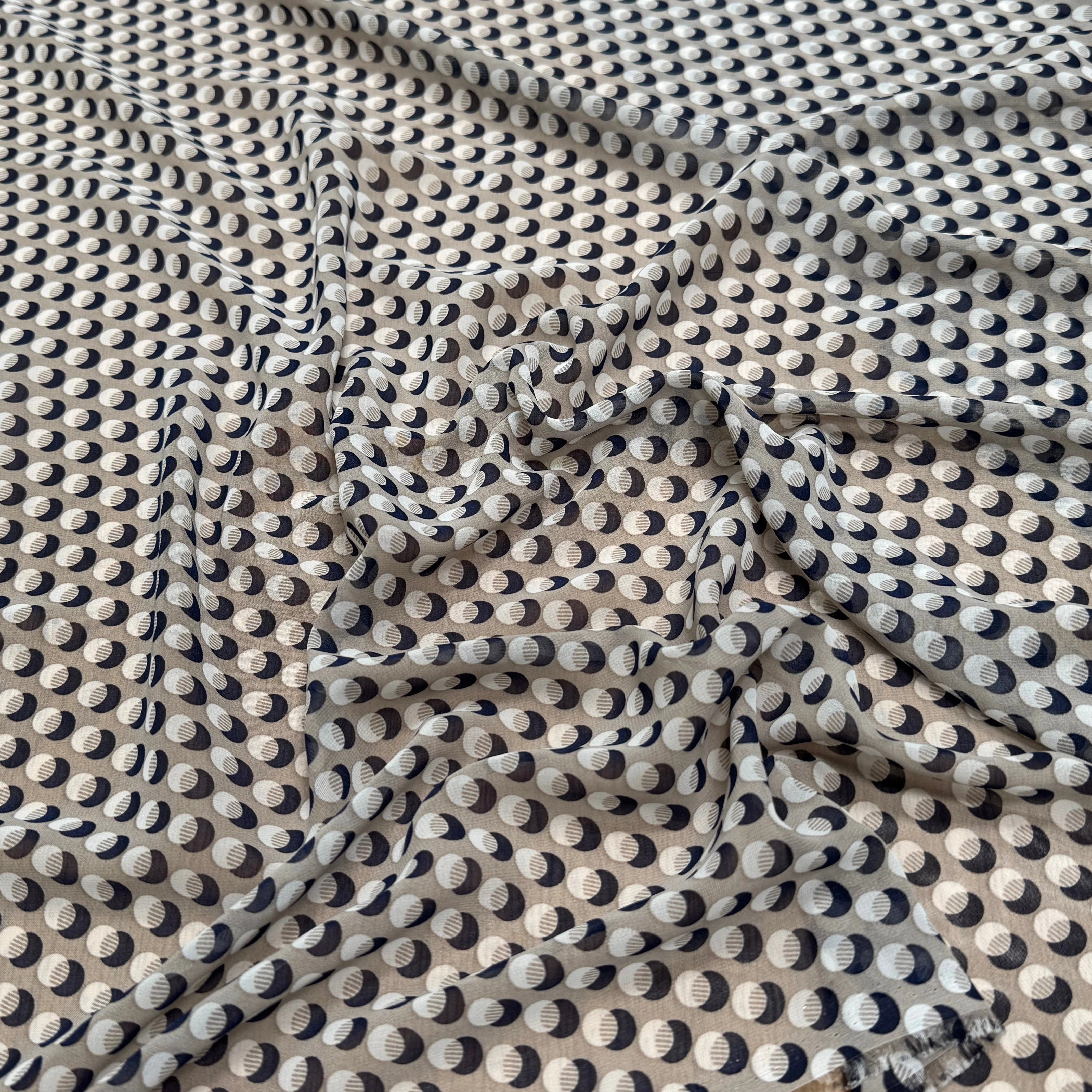 CHIFFON IMPRIMÉ MOTIFS CIRCULAIRES À OMBRE FOND BEIGE - My Little Coupon
