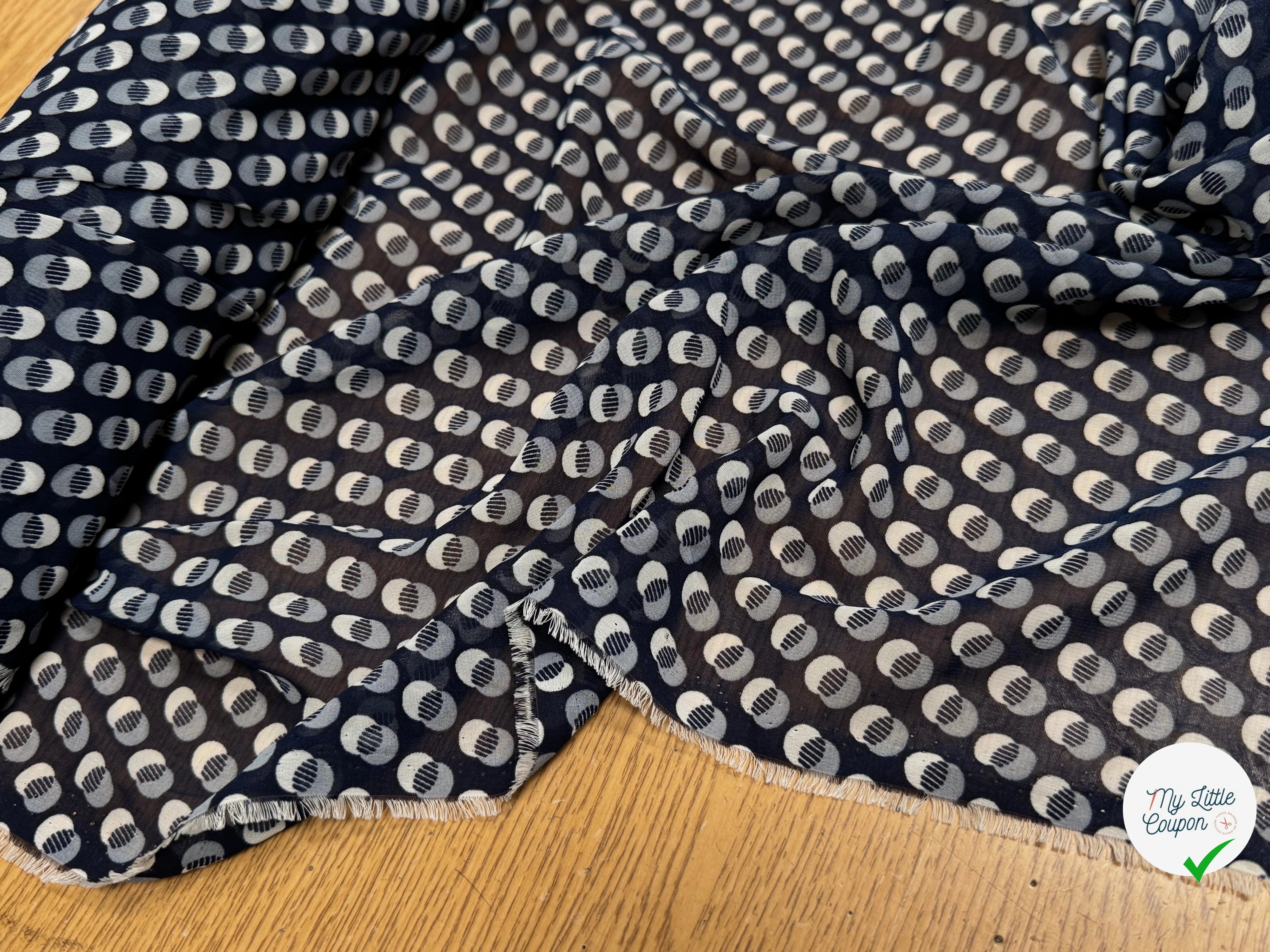 CHIFFON IMPRIMÉ MOTIFS CIRCULAIRES À OMBRE FOND MARINE - My Little Coupon