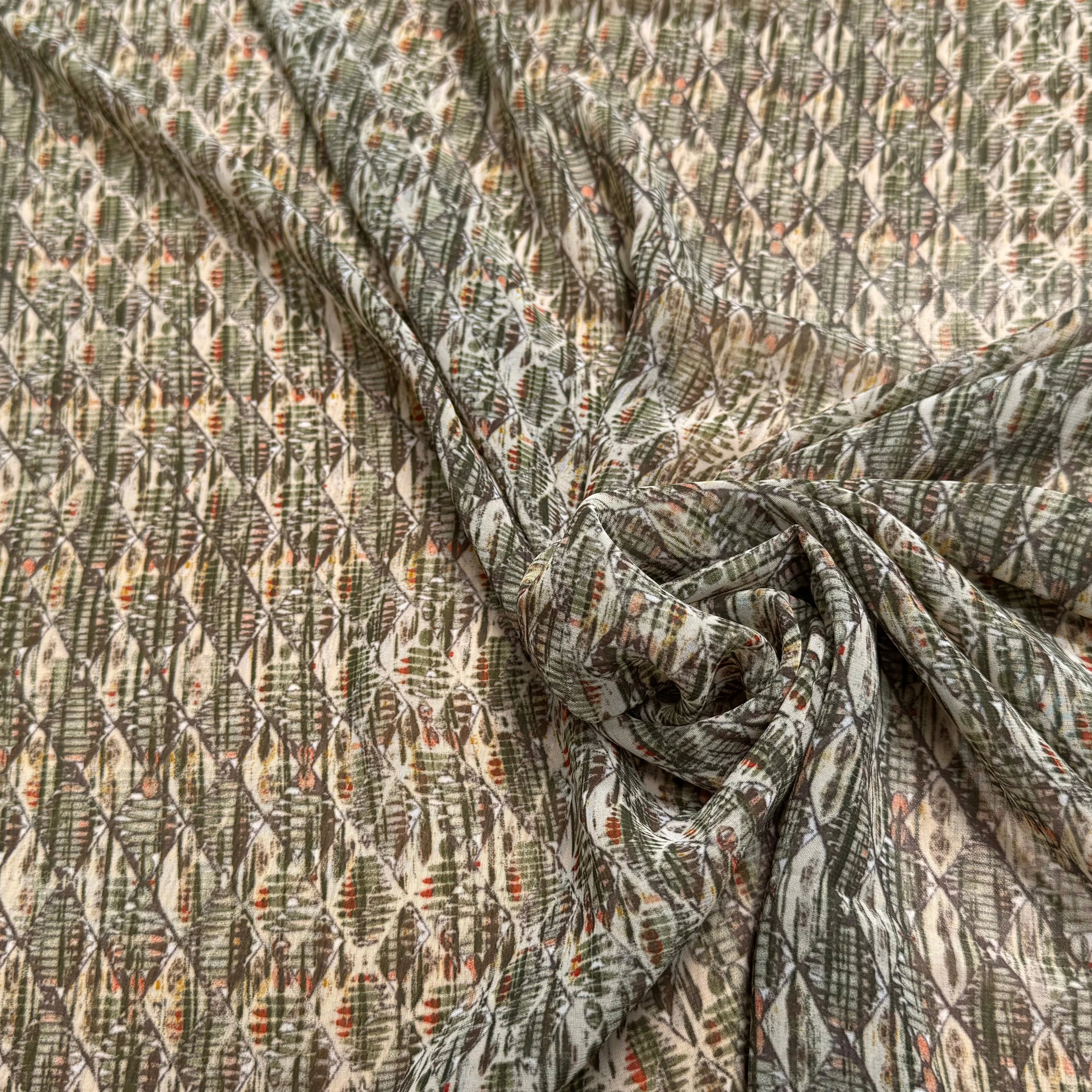 CHIFFON IMPRIMÉ MOTIFS GÉOMETRIQUES BEIGE KAKI - My Little Coupon