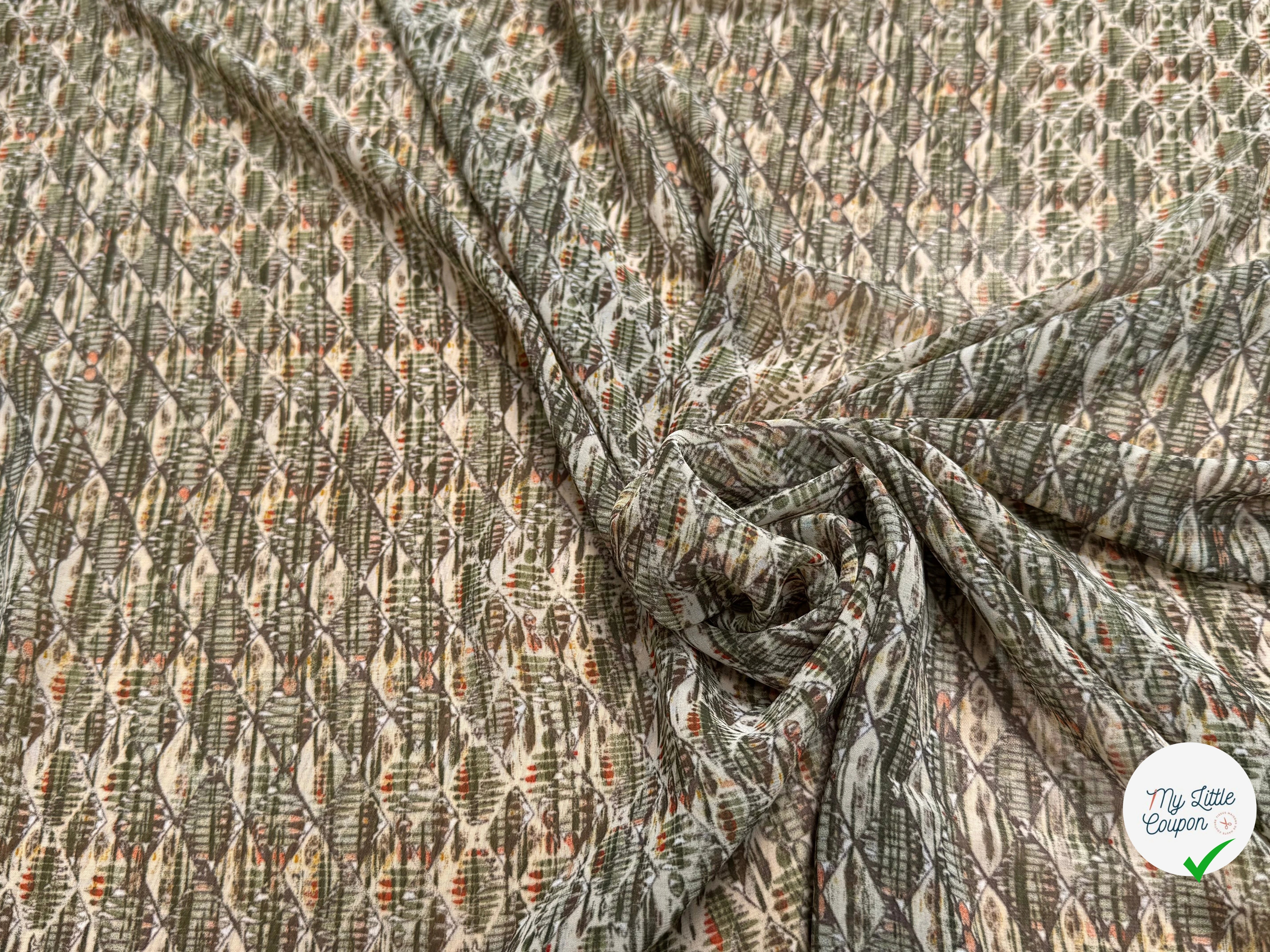 CHIFFON IMPRIMÉ MOTIFS GÉOMETRIQUES BEIGE KAKI - My Little Coupon