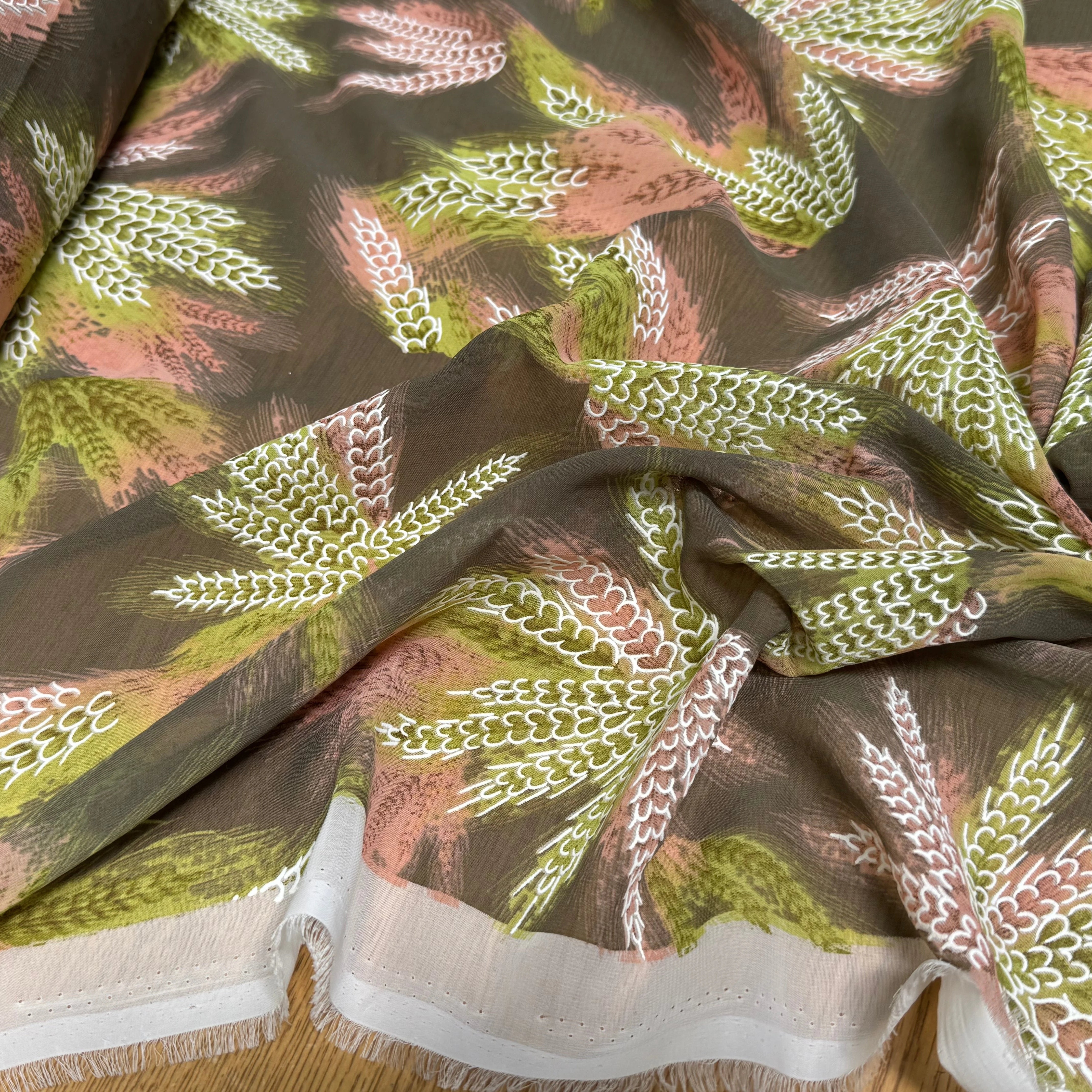 CHIFFON PRINTED CHAMP DE BLÉ VERT KAKI TEINTURE - My Little Coupon