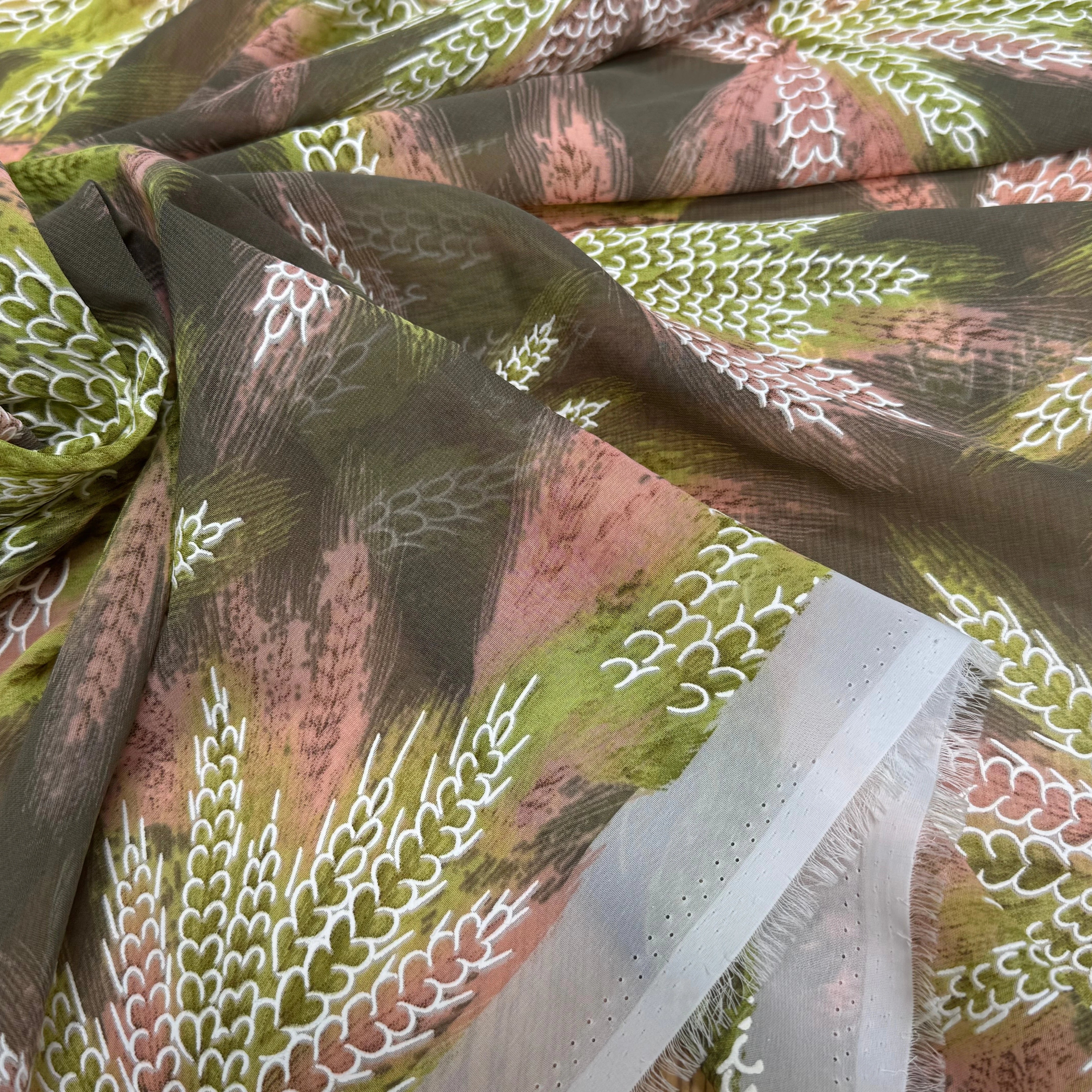 CHIFFON PRINTED CHAMP DE BLÉ VERT KAKI TEINTURE - My Little Coupon
