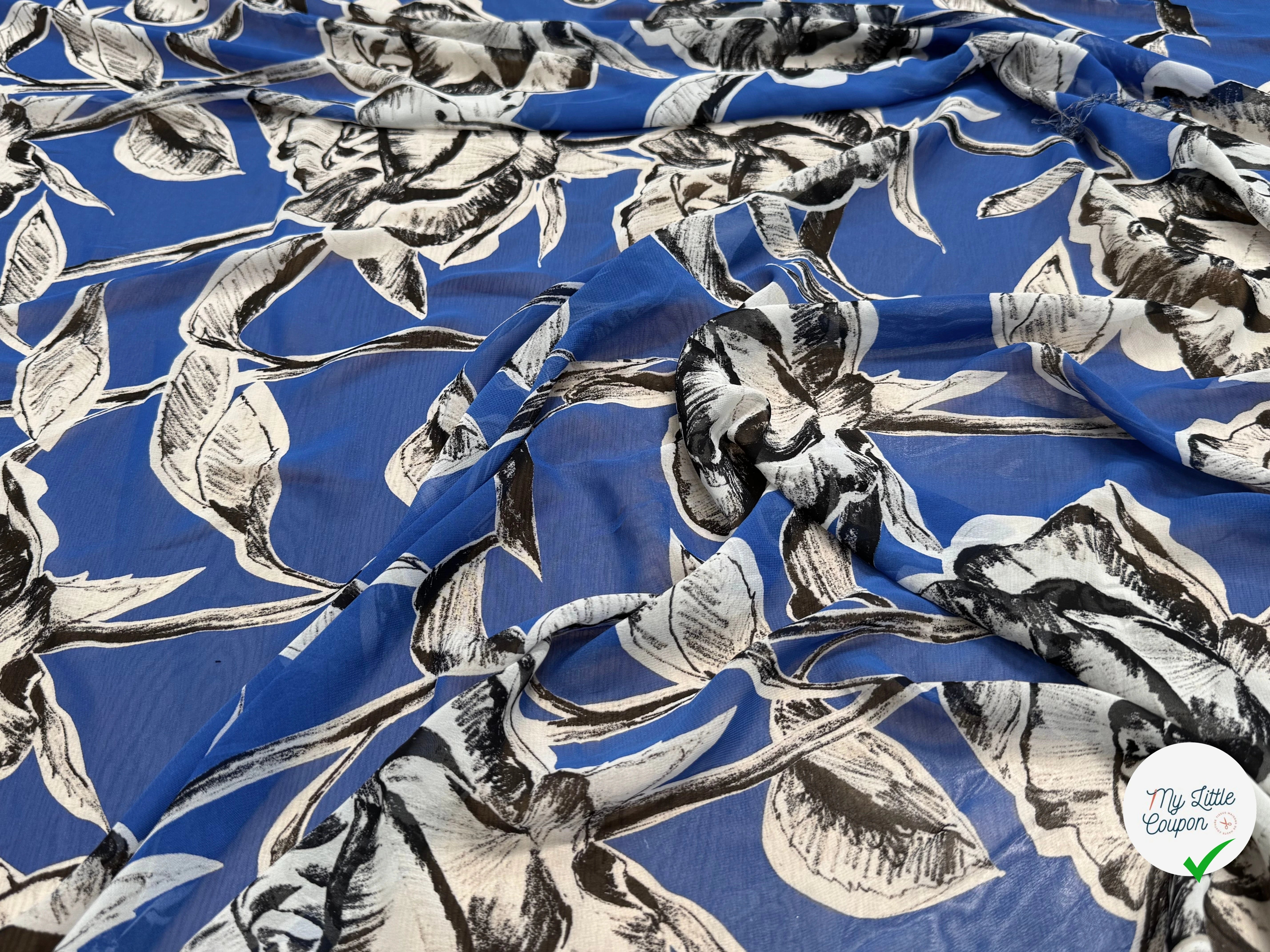CHIFFON PRINTED FOND BLEU GROSSES FLEURS BLANC NOIR - My Little Coupon