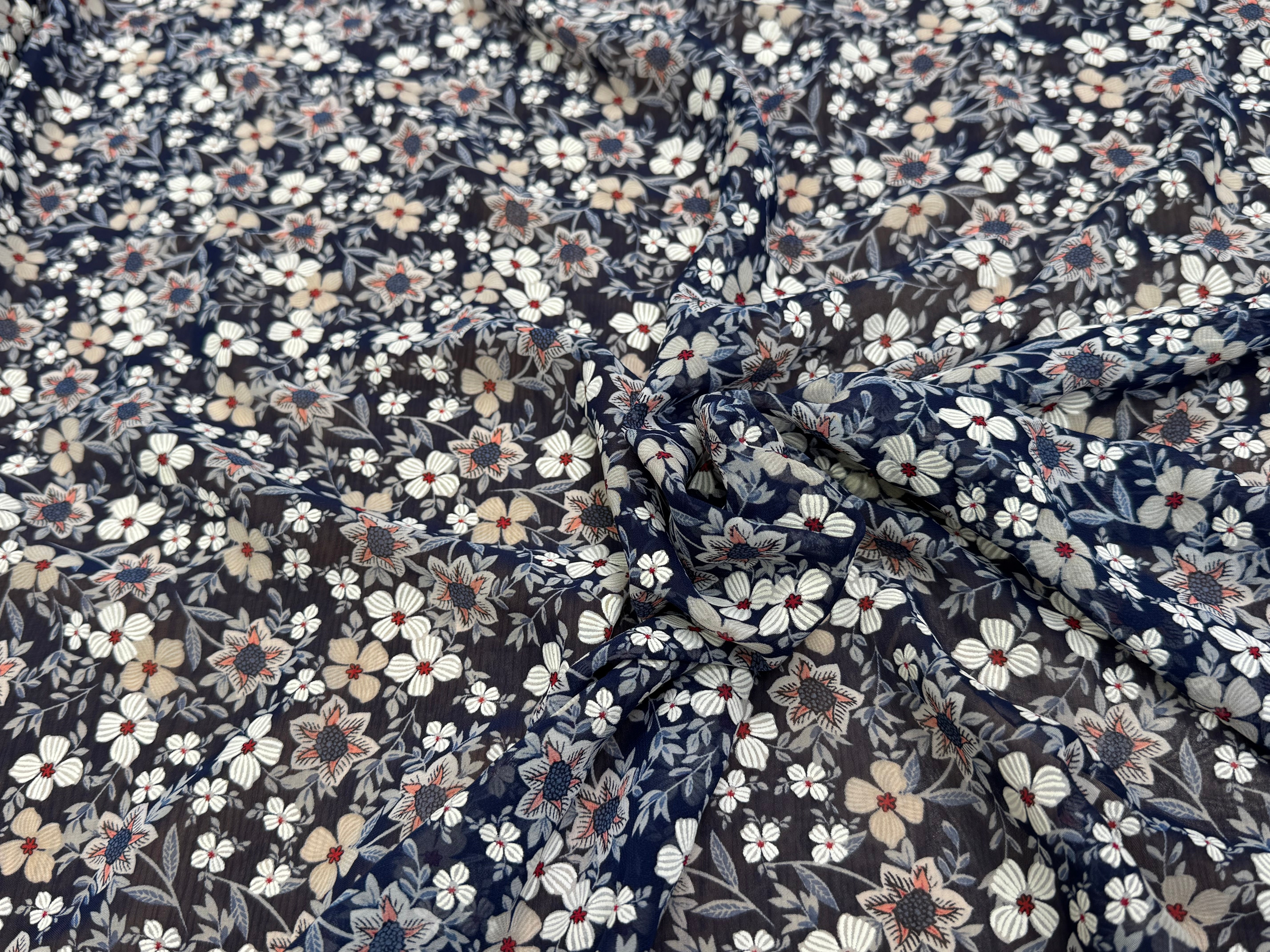 CHIFFON PRINTED JOLIES FLEURS FOND MARINE - My Little Coupon