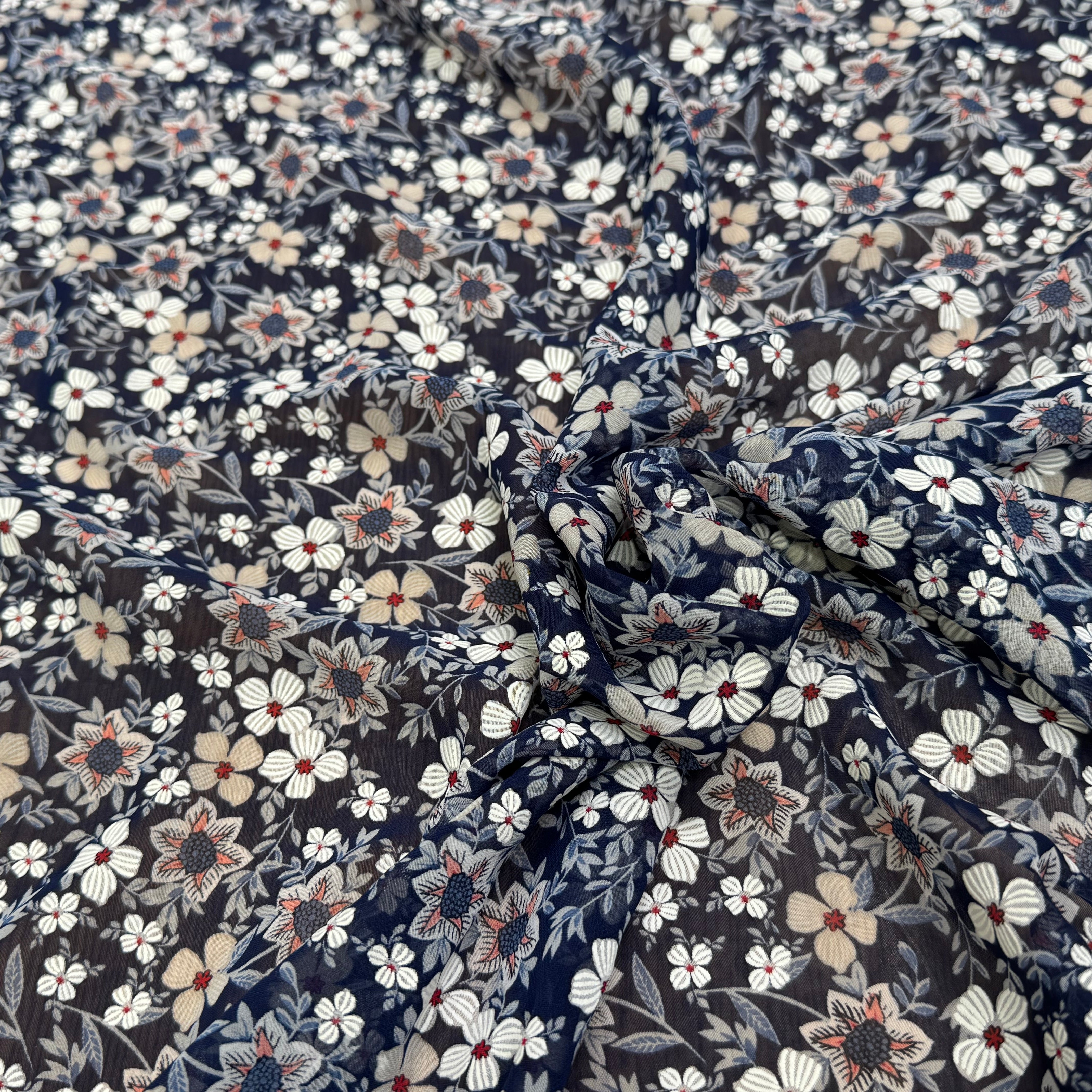 CHIFFON PRINTED JOLIES FLEURS FOND MARINE - My Little Coupon