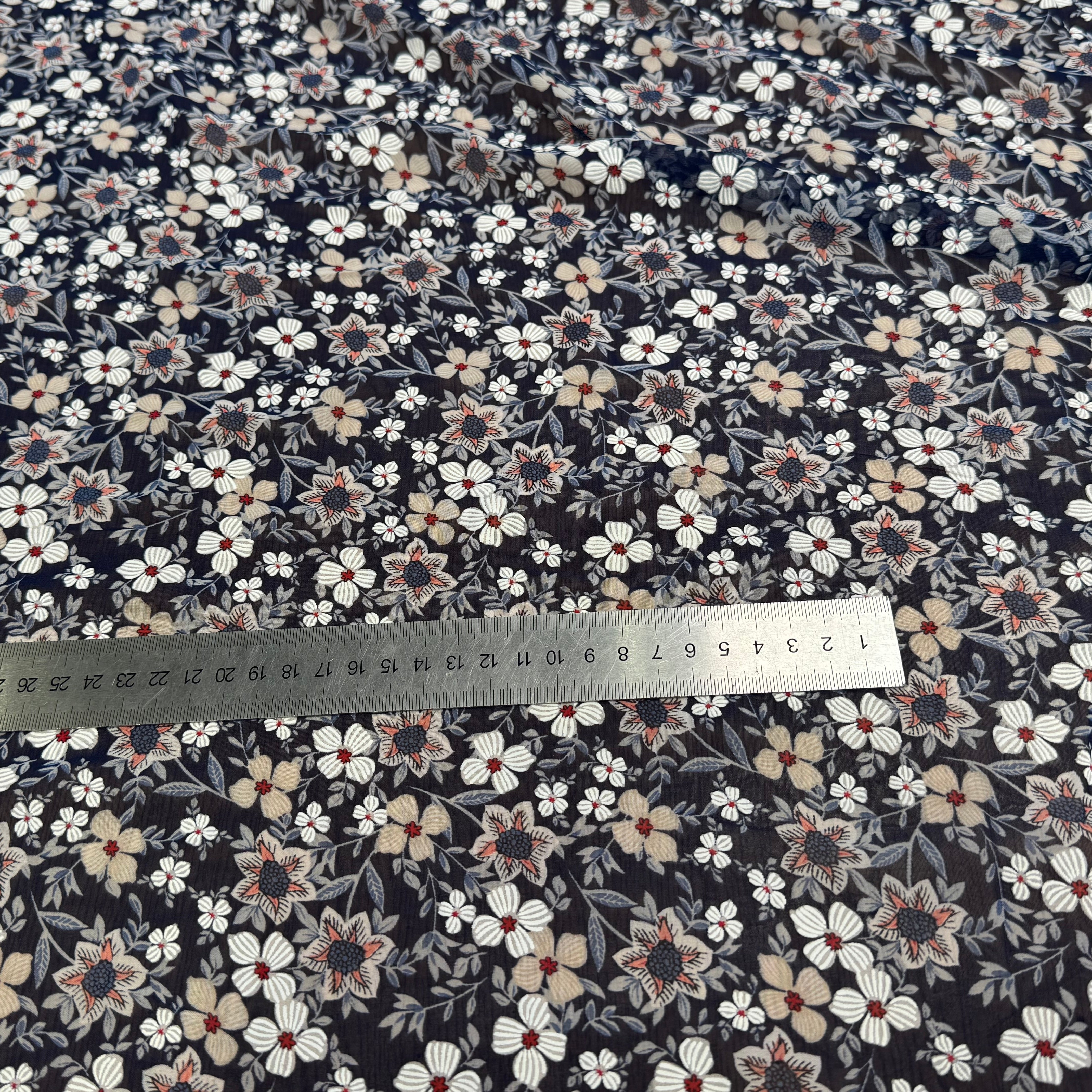 CHIFFON PRINTED JOLIES FLEURS FOND MARINE - My Little Coupon