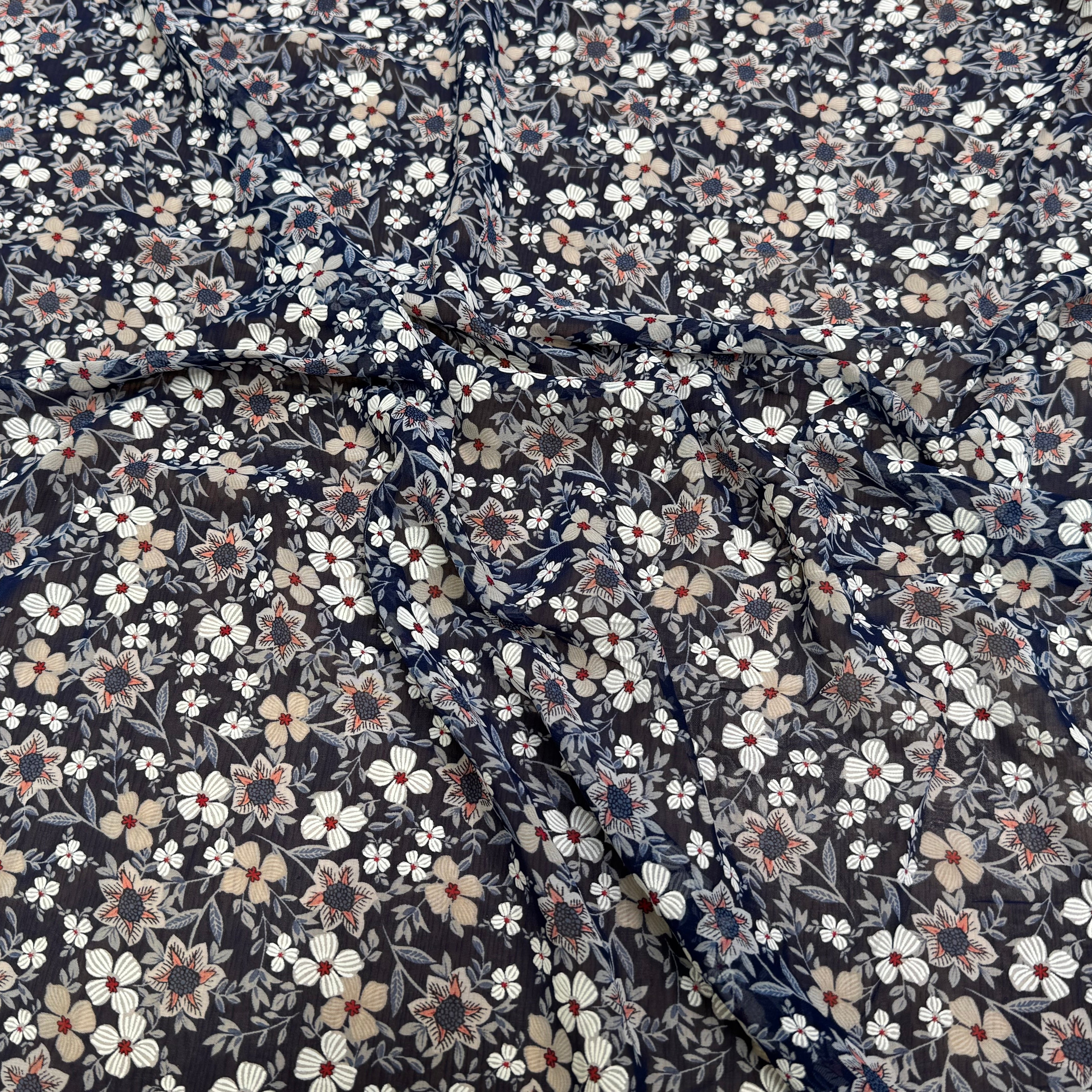 CHIFFON PRINTED JOLIES FLEURS FOND MARINE - My Little Coupon