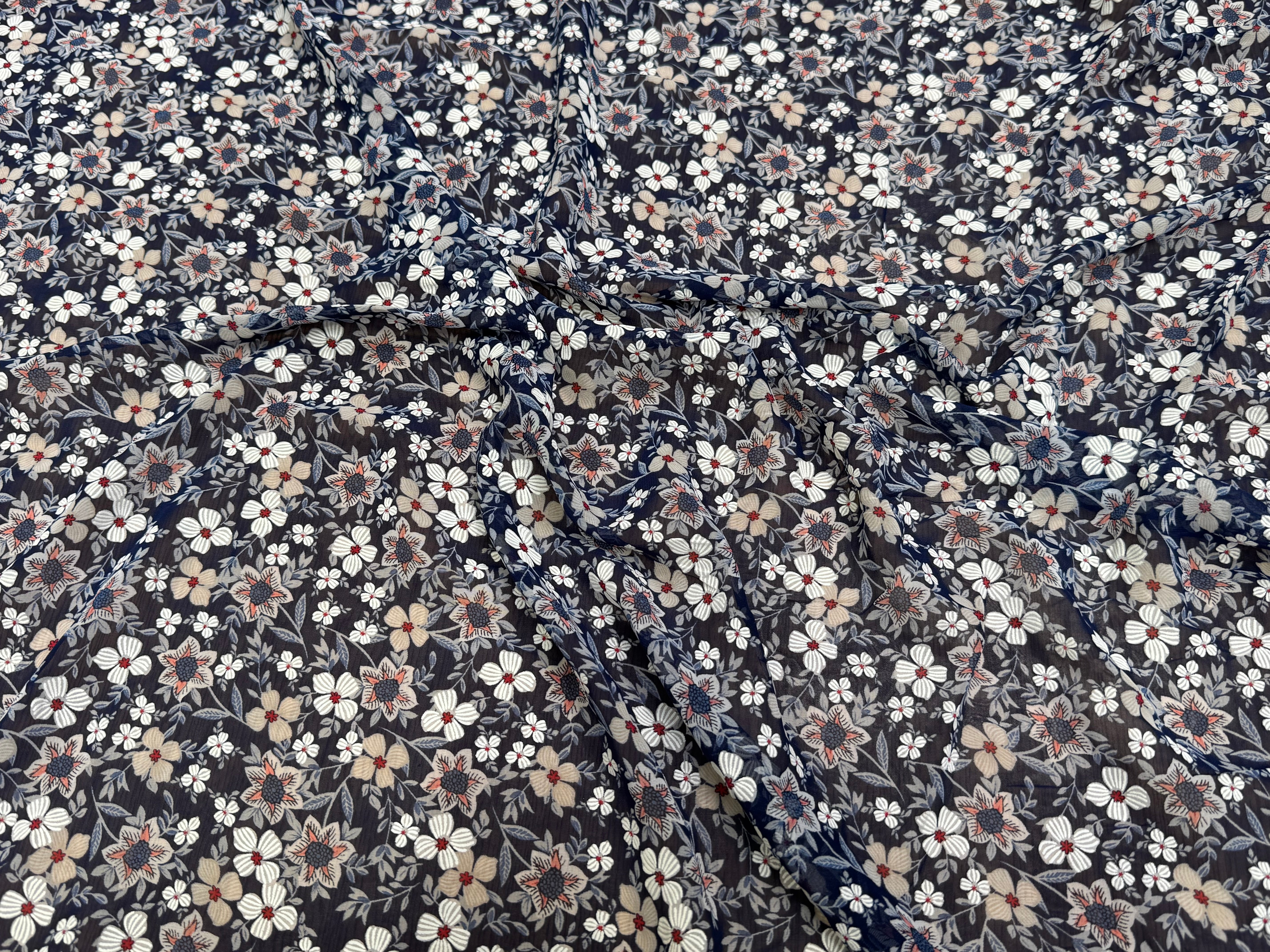 CHIFFON PRINTED JOLIES FLEURS FOND MARINE - My Little Coupon