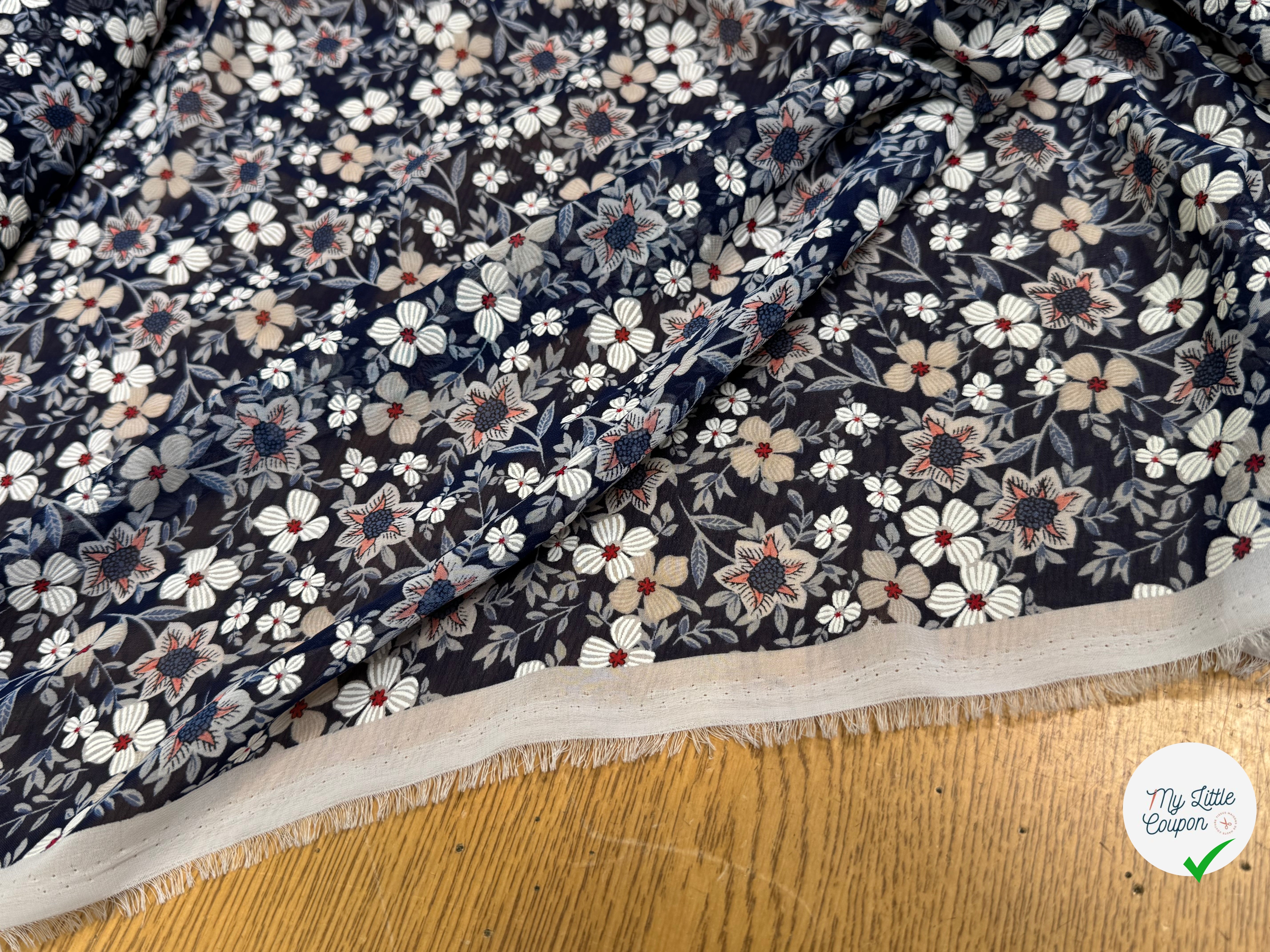 CHIFFON PRINTED JOLIES FLEURS FOND MARINE - My Little Coupon