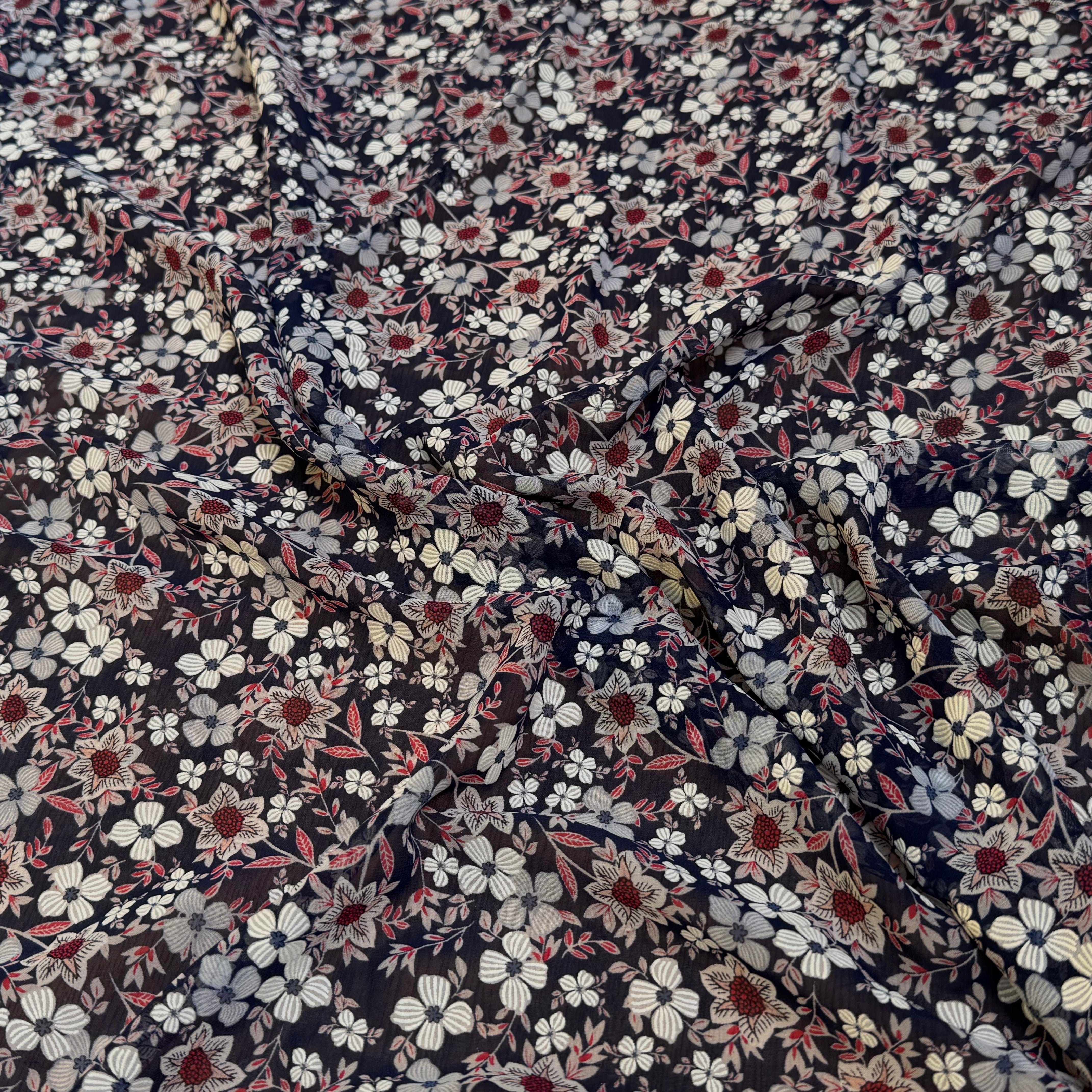 CHIFFON PRINTED JOLIES FLEURS FOND NAVY - My Little Coupon