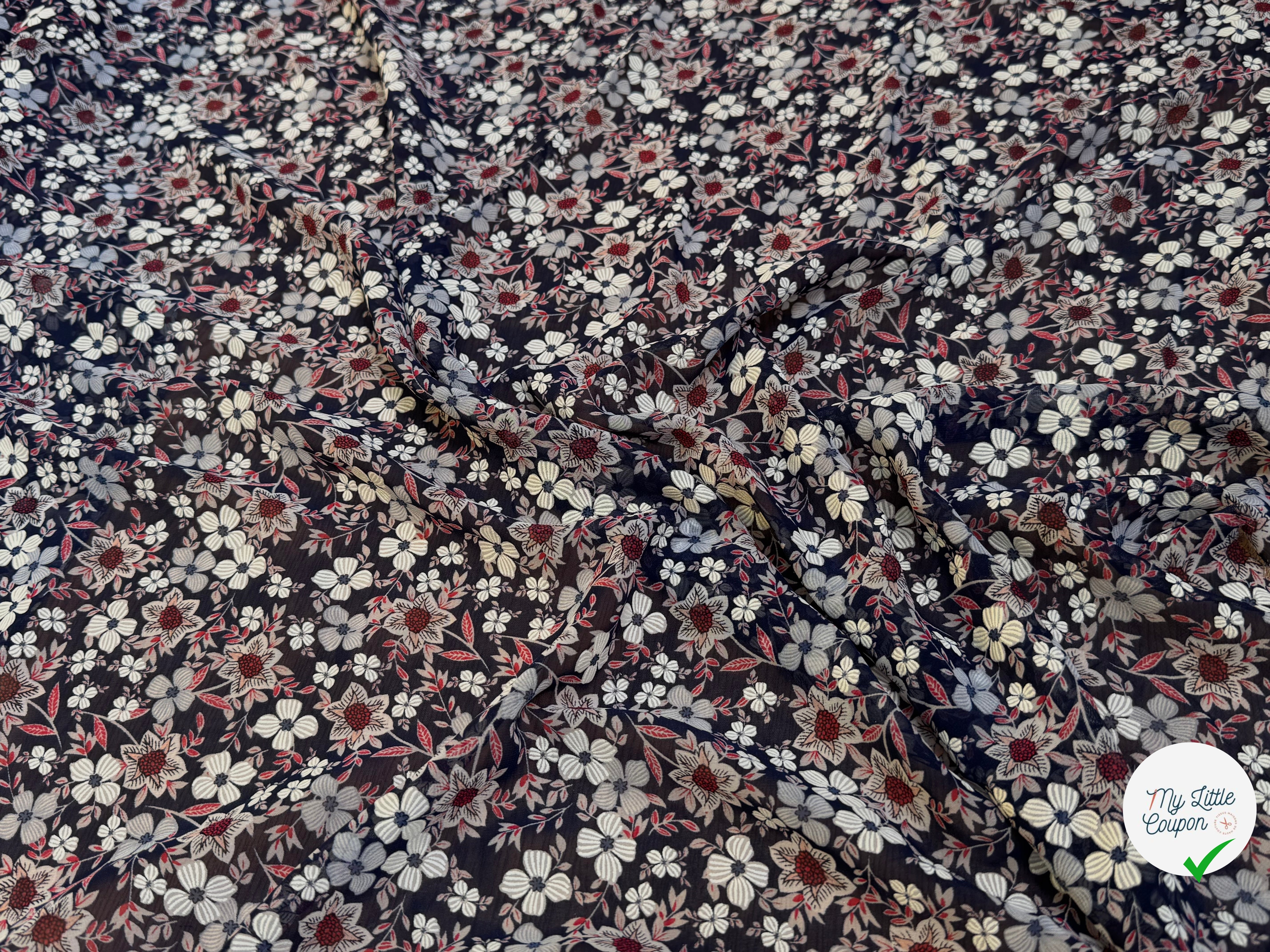 CHIFFON PRINTED JOLIES FLEURS FOND NAVY - My Little Coupon