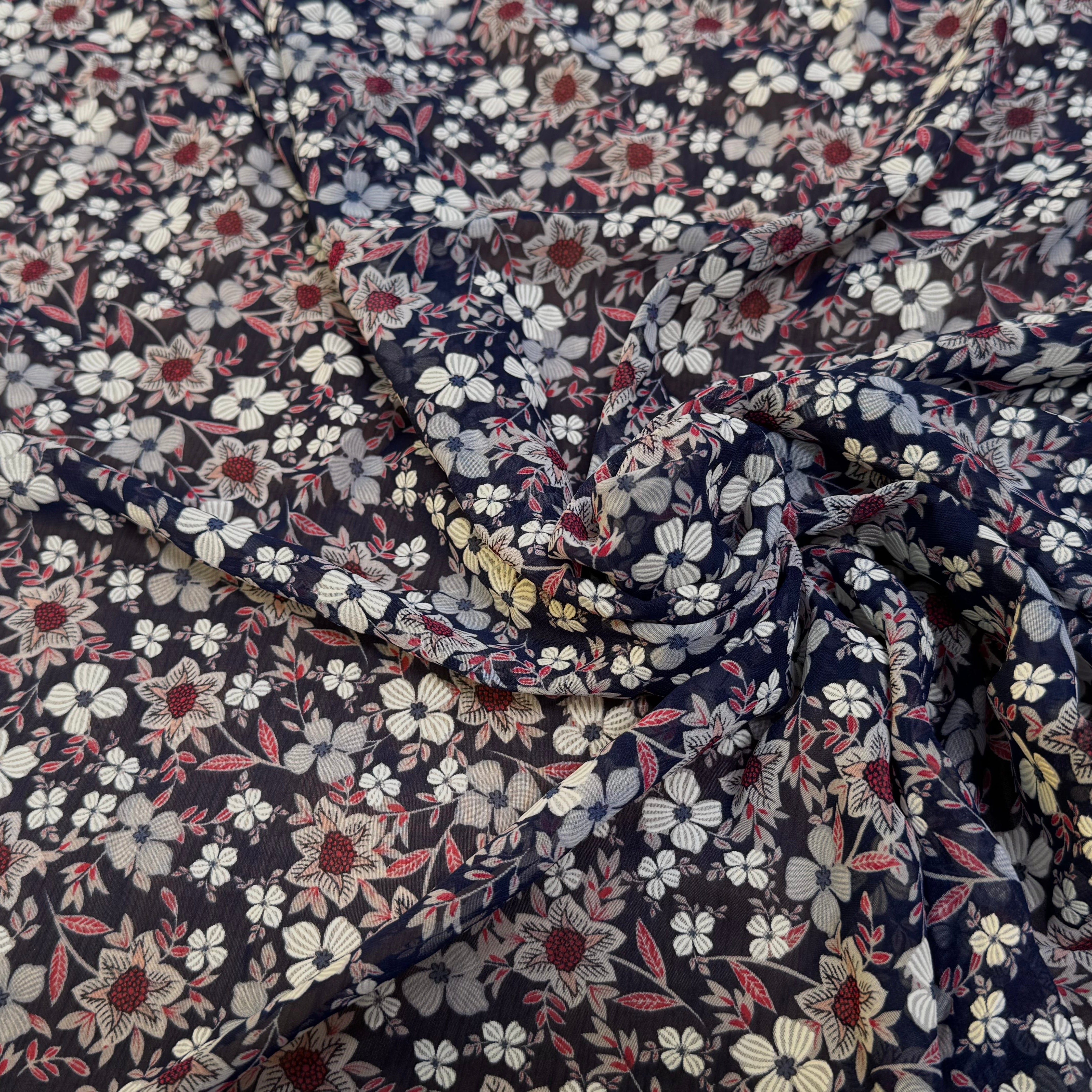 CHIFFON PRINTED JOLIES FLEURS FOND NAVY - My Little Coupon