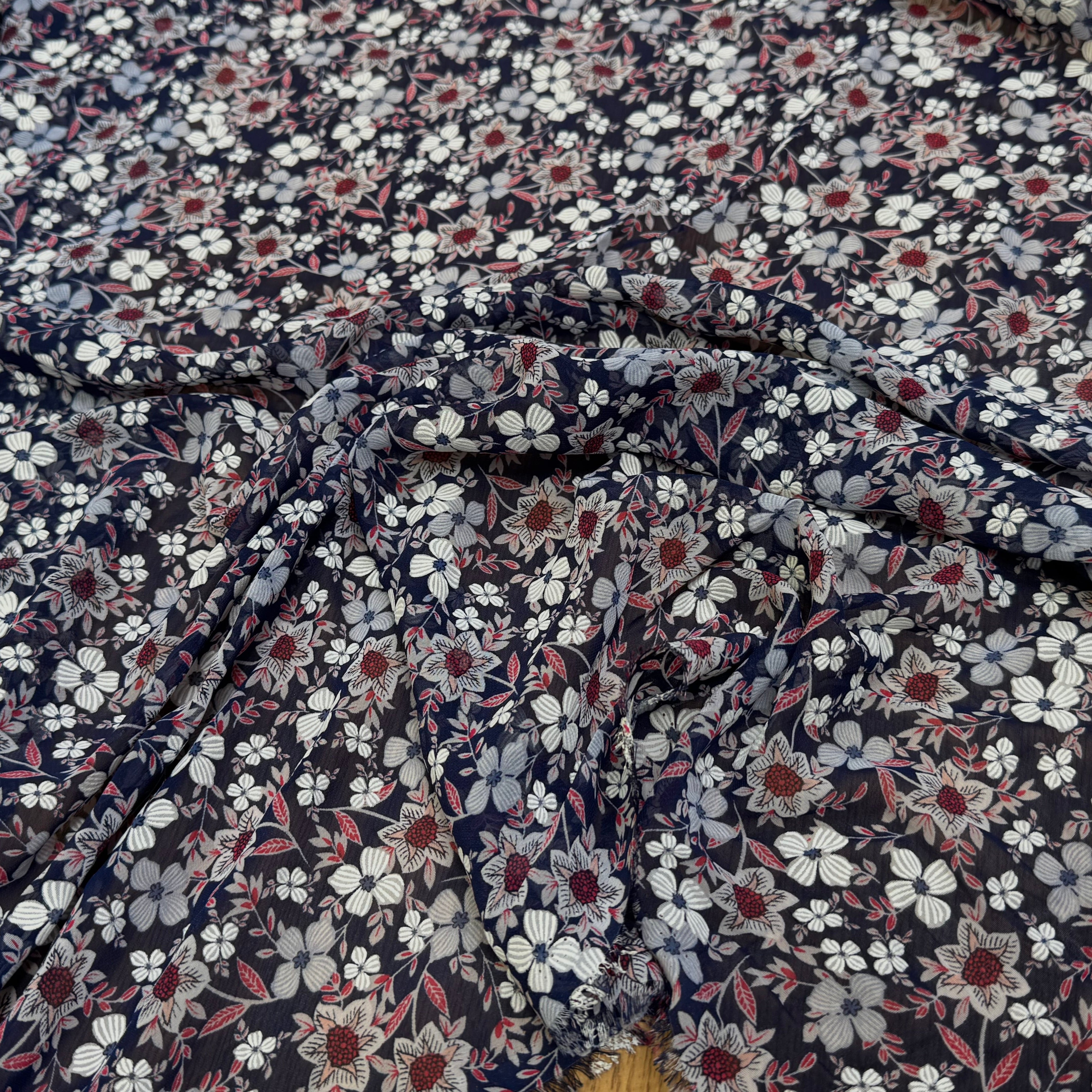 CHIFFON PRINTED JOLIES FLEURS FOND NAVY - My Little Coupon