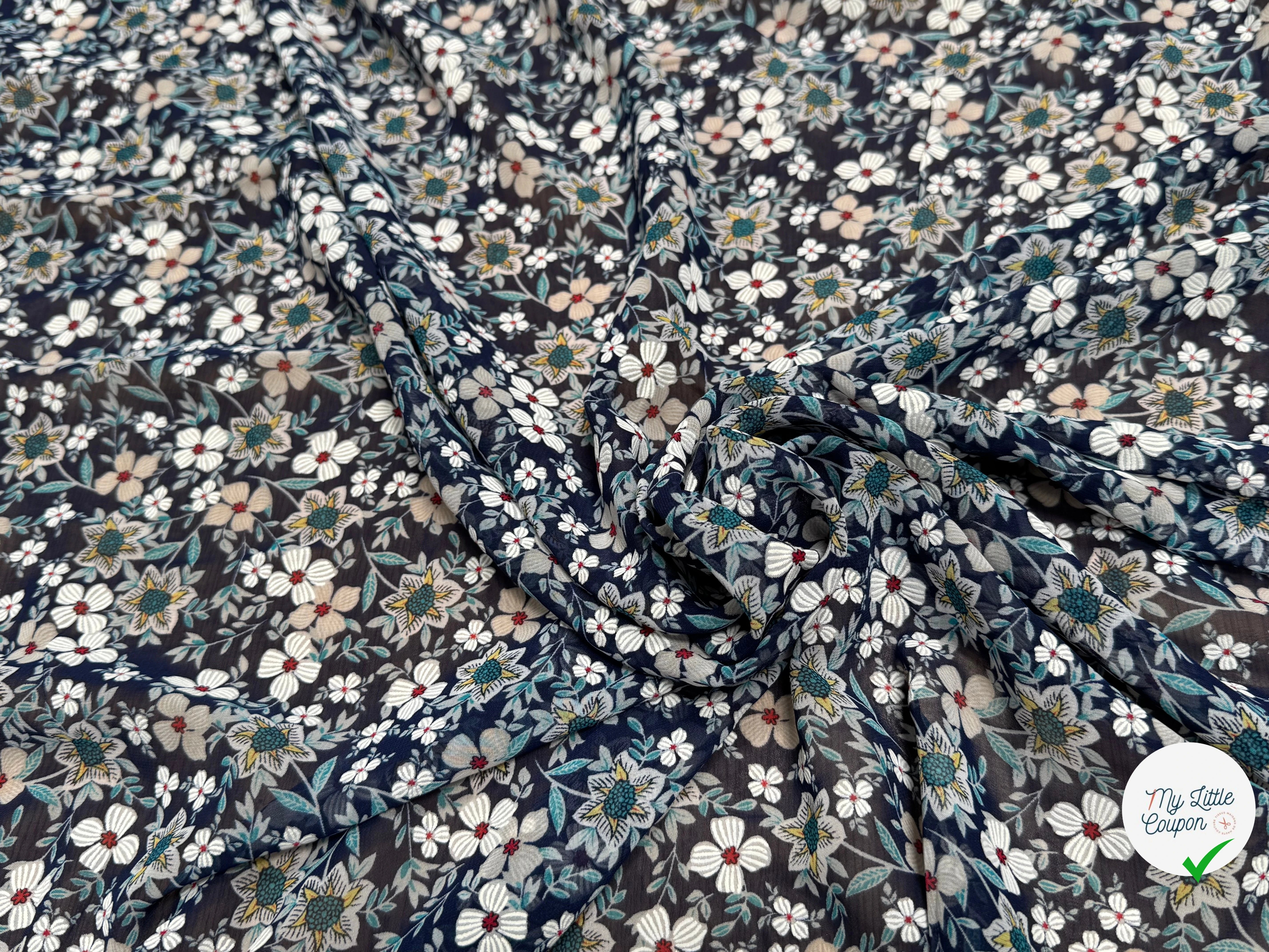 CHIFFON PRINTED JOLIES FLEURS MULTICOLORES FOND MARINE - My Little Coupon