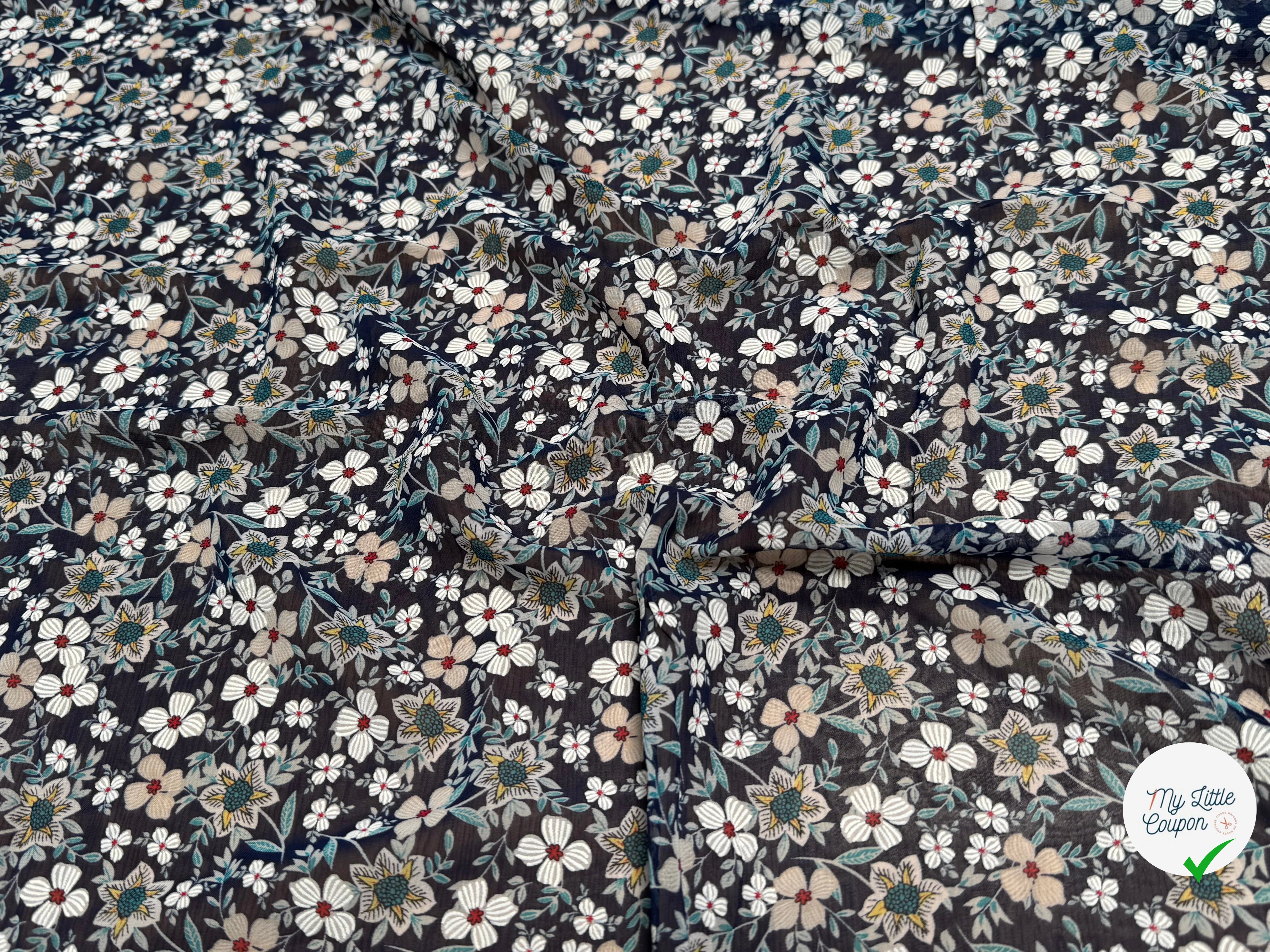 CHIFFON PRINTED JOLIES FLEURS MULTICOLORES FOND MARINE - My Little Coupon