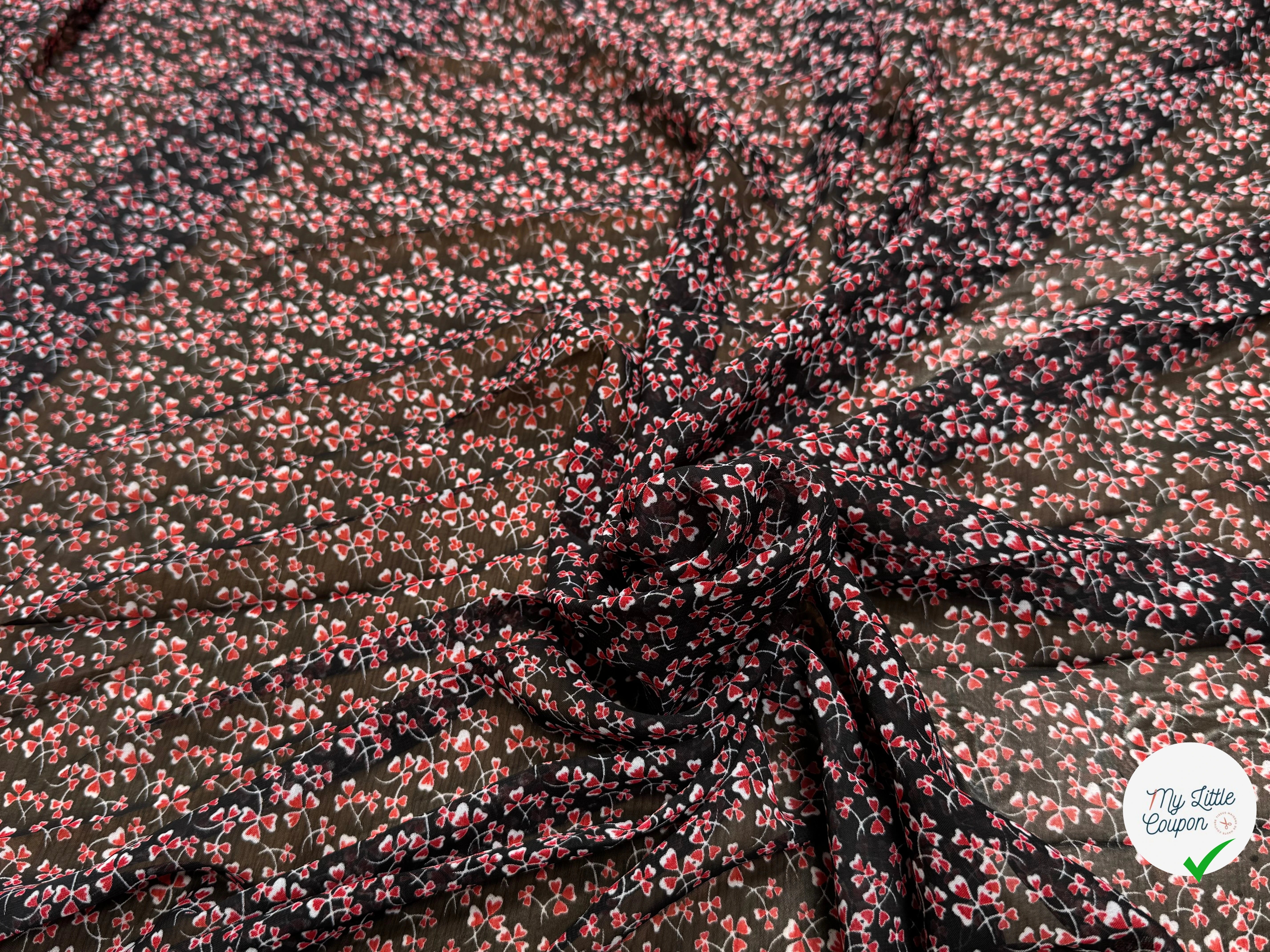CHIFFON PRINTED LITTLE FLOWERS ROUGE SUR FOND NOIR - My Little Coupon
