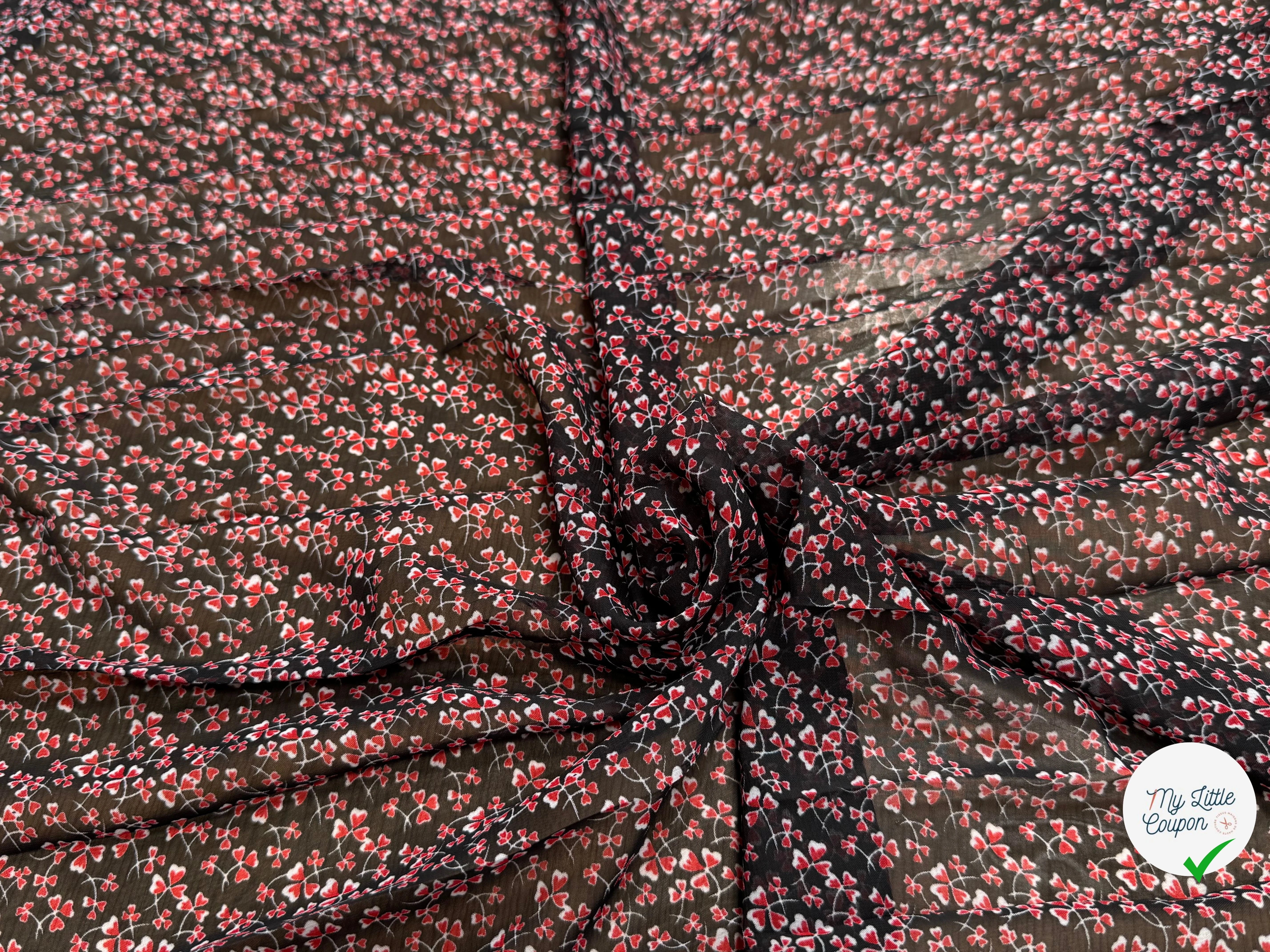 CHIFFON PRINTED LITTLE FLOWERS ROUGE SUR FOND NOIR - My Little Coupon