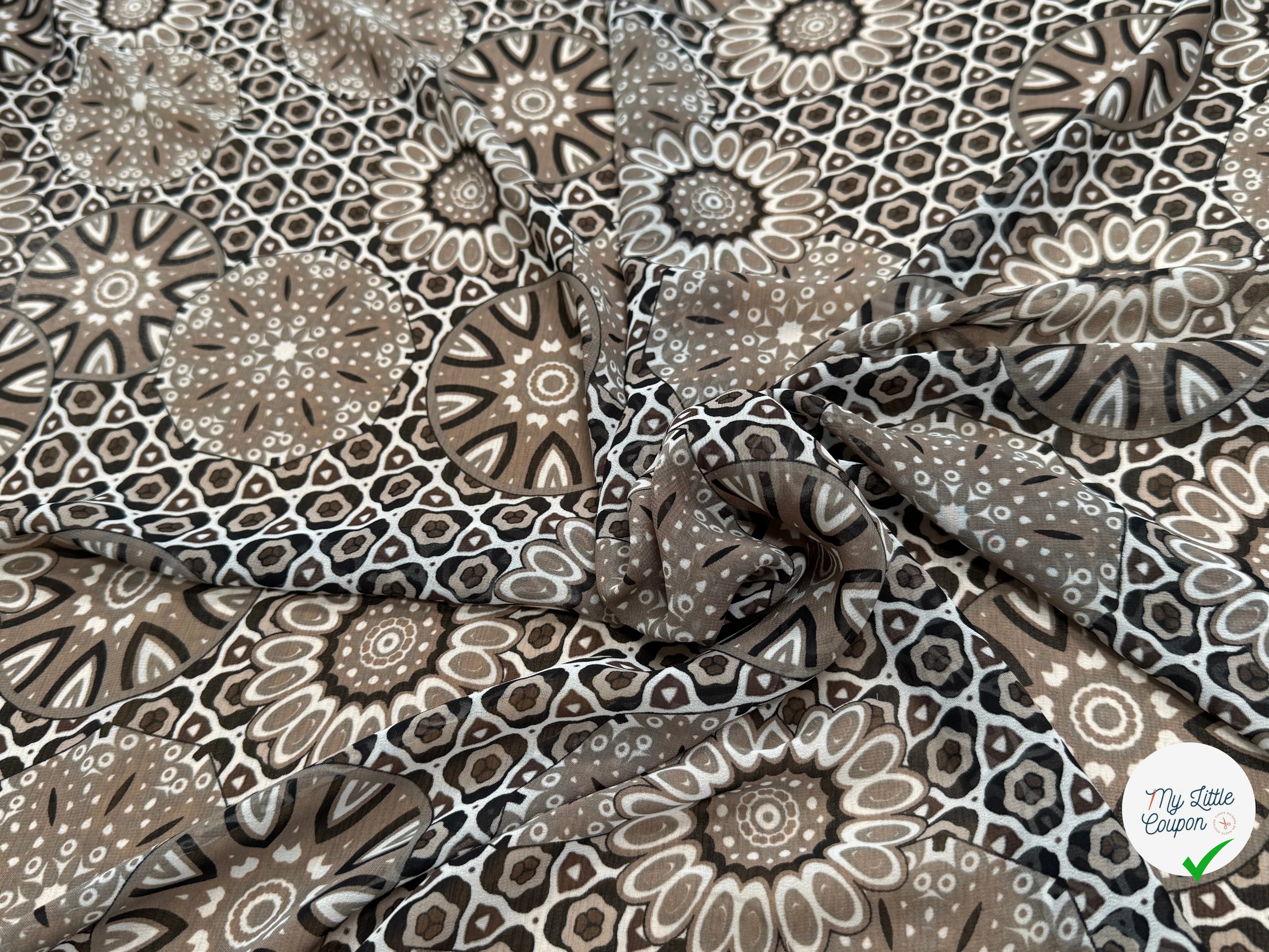 CHIFFON PRINTED MOTIF CIRCULAIRES GÉOMETRIQUES MARRON&NOIR - My Little Coupon