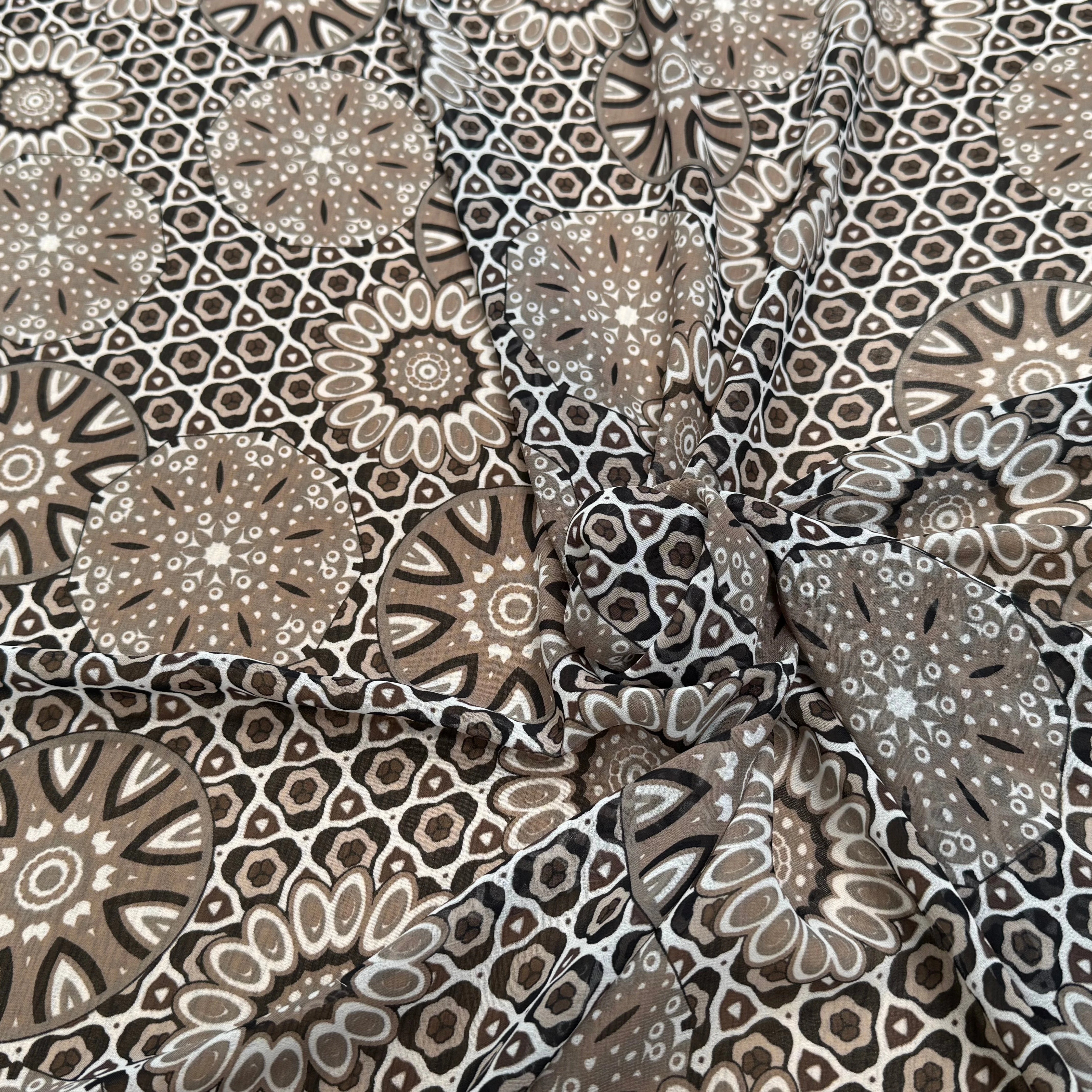 CHIFFON PRINTED MOTIF CIRCULAIRES GÉOMETRIQUES MARRON&NOIR - My Little Coupon