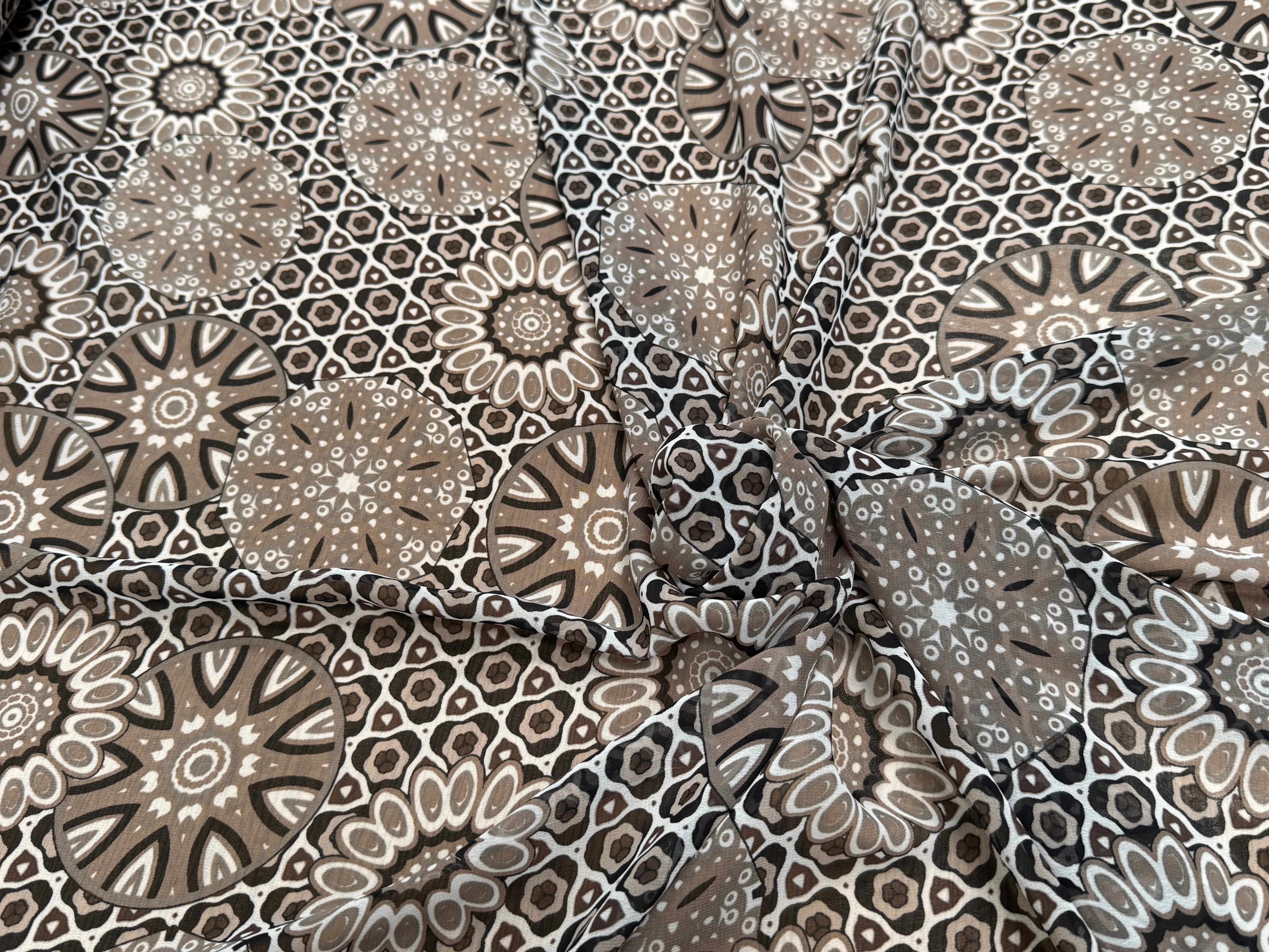 CHIFFON PRINTED MOTIF CIRCULAIRES GÉOMETRIQUES MARRON&NOIR - My Little Coupon