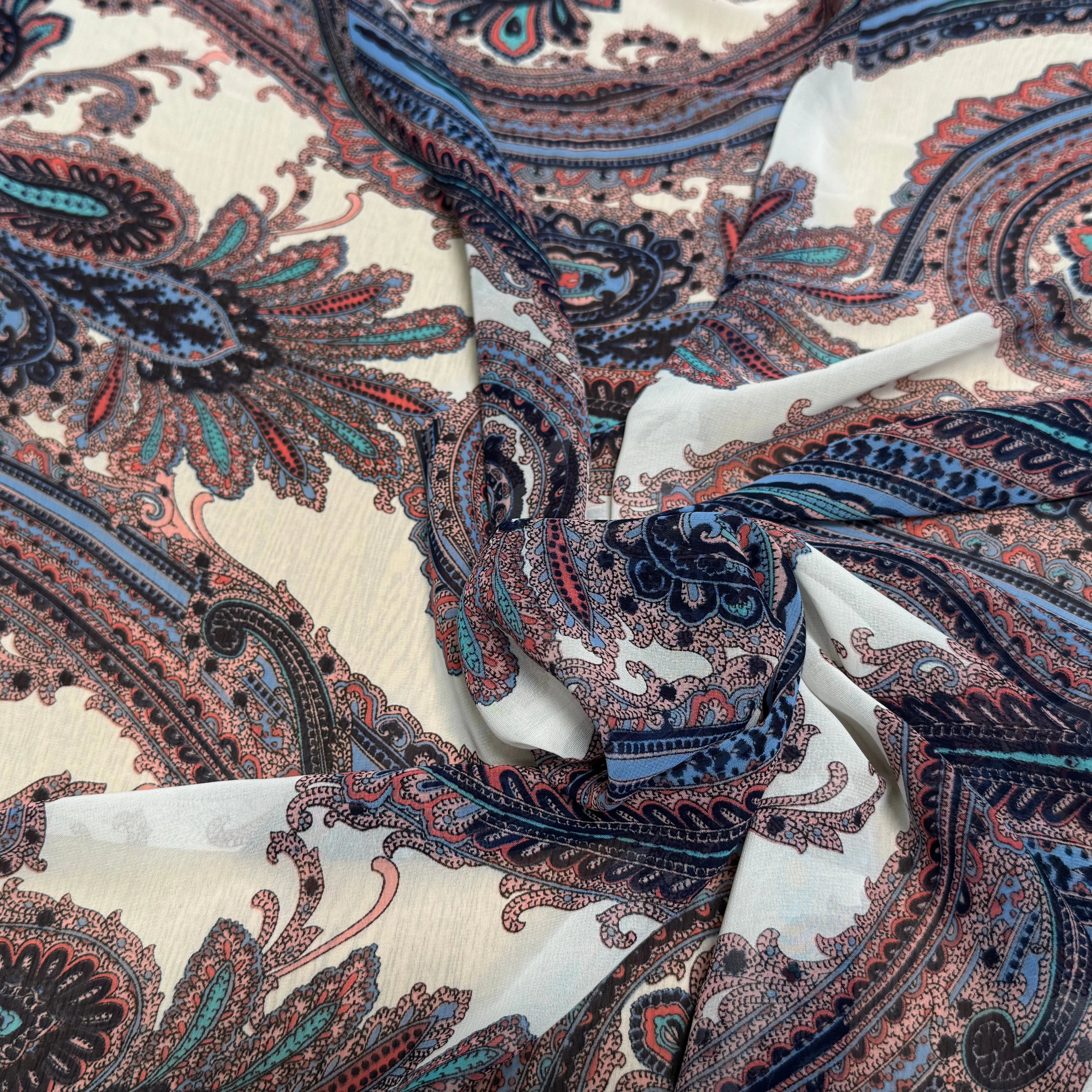 CHIFFON PRINTED MOTIFS ABSTRAITS MULTICOLORES FOND ÉCRU - My Little Coupon