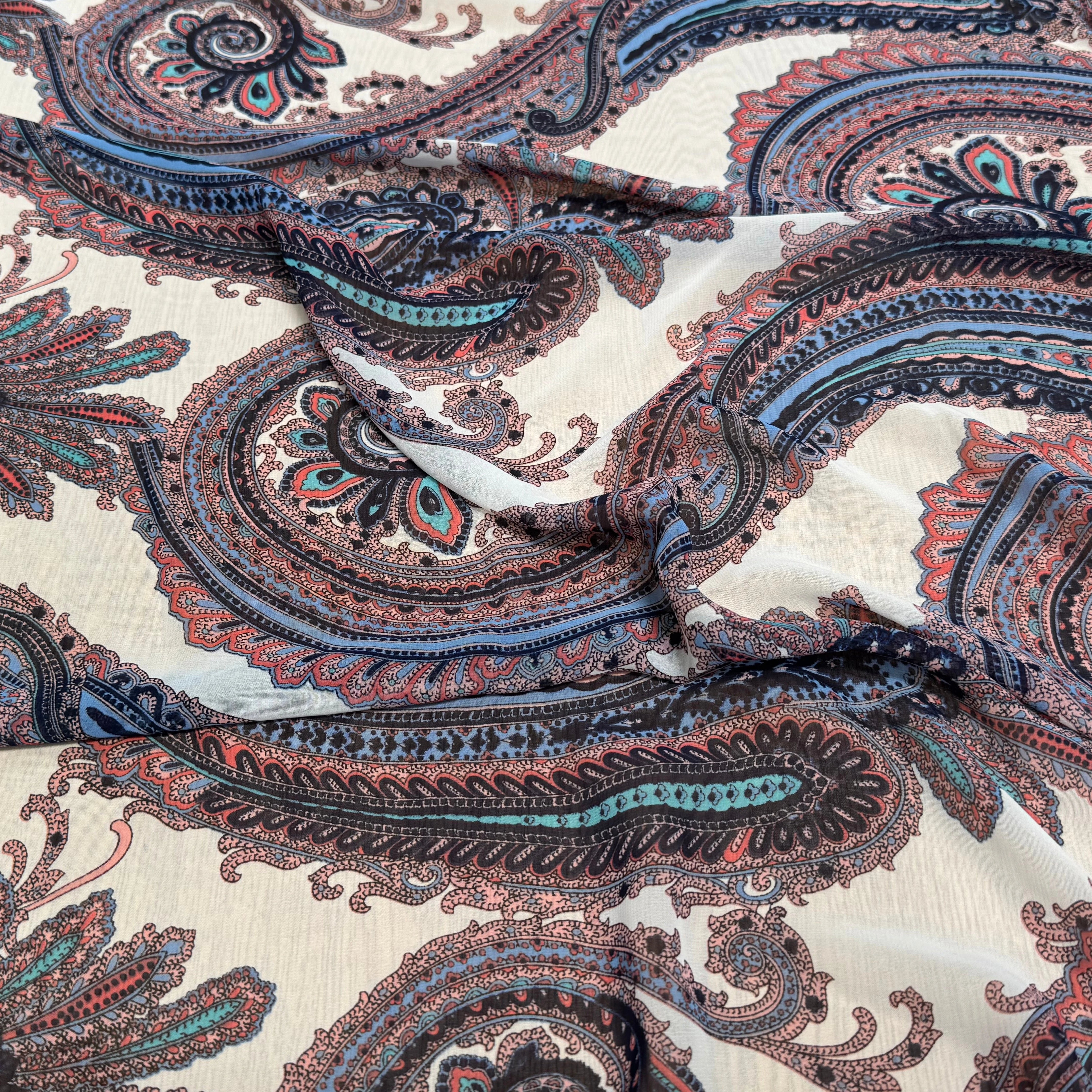 CHIFFON PRINTED MOTIFS ABSTRAITS MULTICOLORES FOND ÉCRU - My Little Coupon