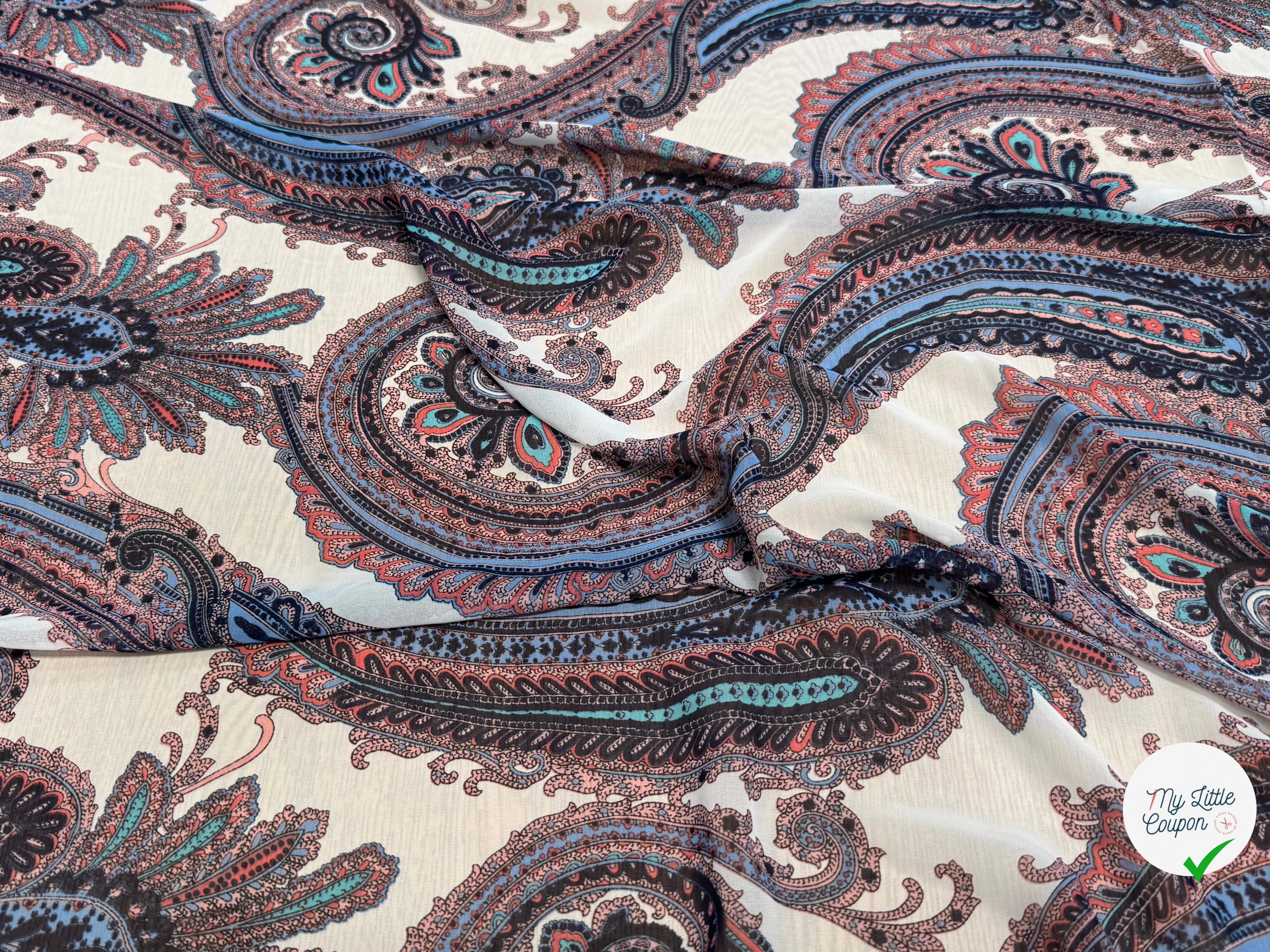 CHIFFON PRINTED MOTIFS ABSTRAITS MULTICOLORES FOND ÉCRU - My Little Coupon