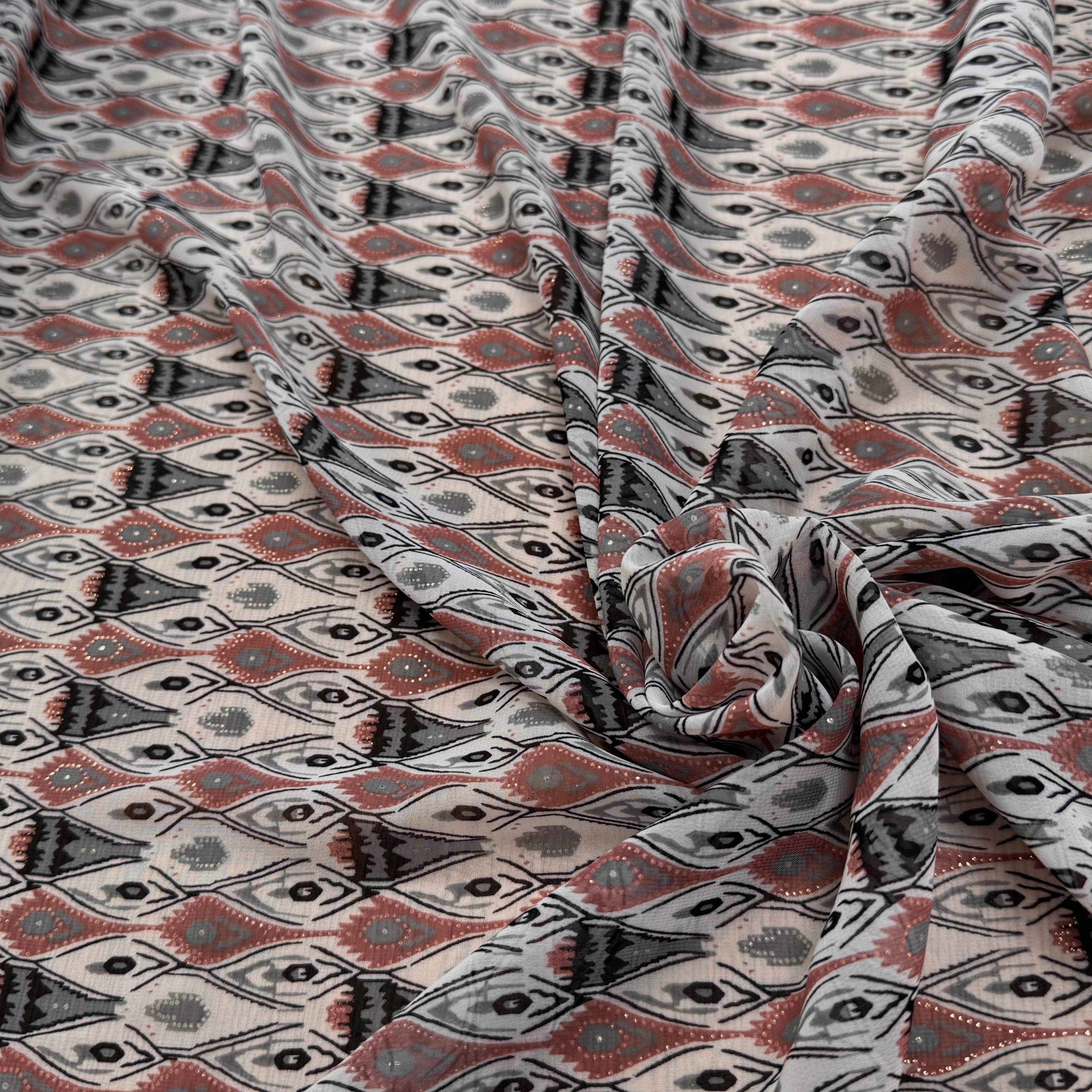 CHIFFON PRINTED MOTIS GÉOMETRIQUES CREME CHOCO FOND ÉCRU - My Little Coupon