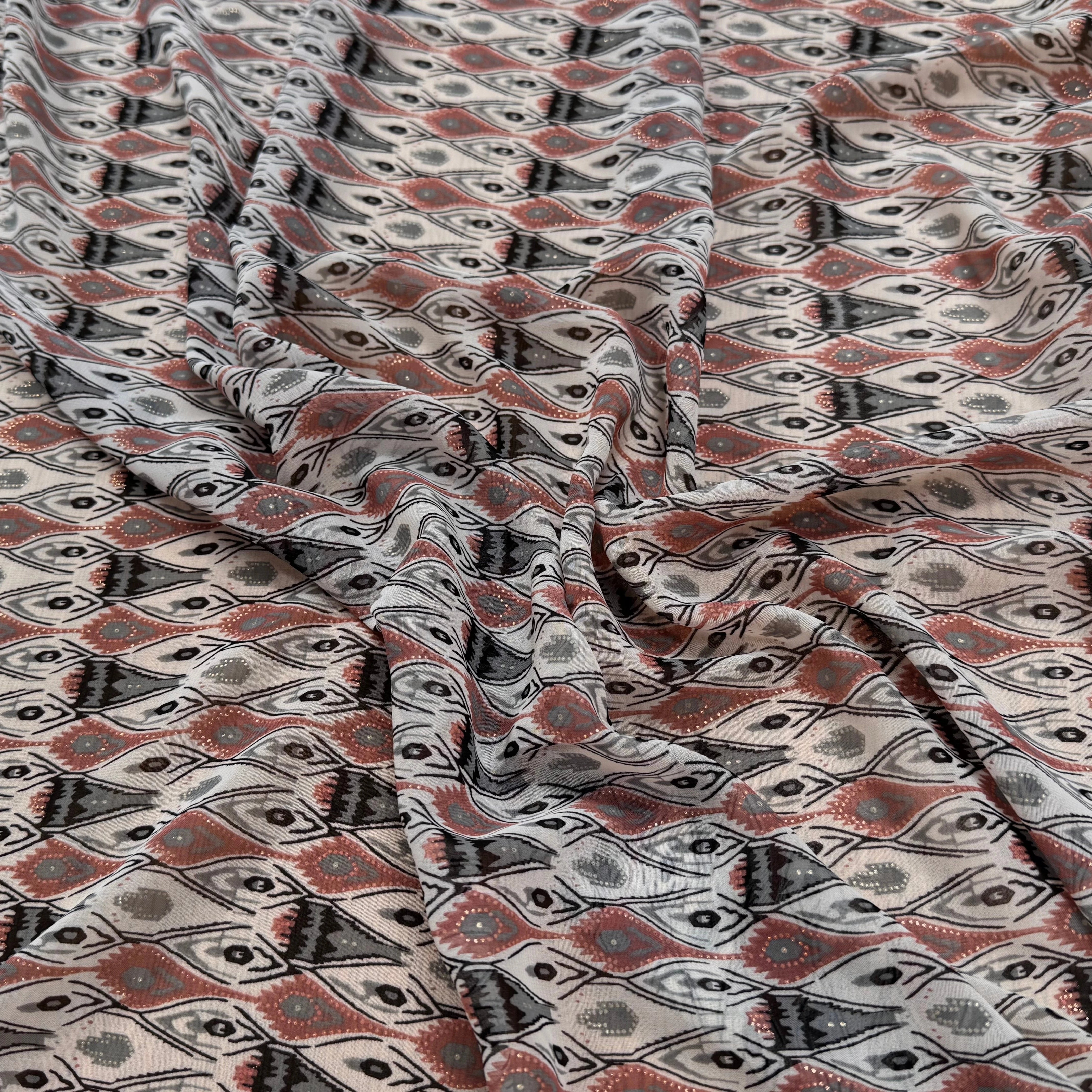 CHIFFON PRINTED MOTIS GÉOMETRIQUES CREME CHOCO FOND ÉCRU - My Little Coupon