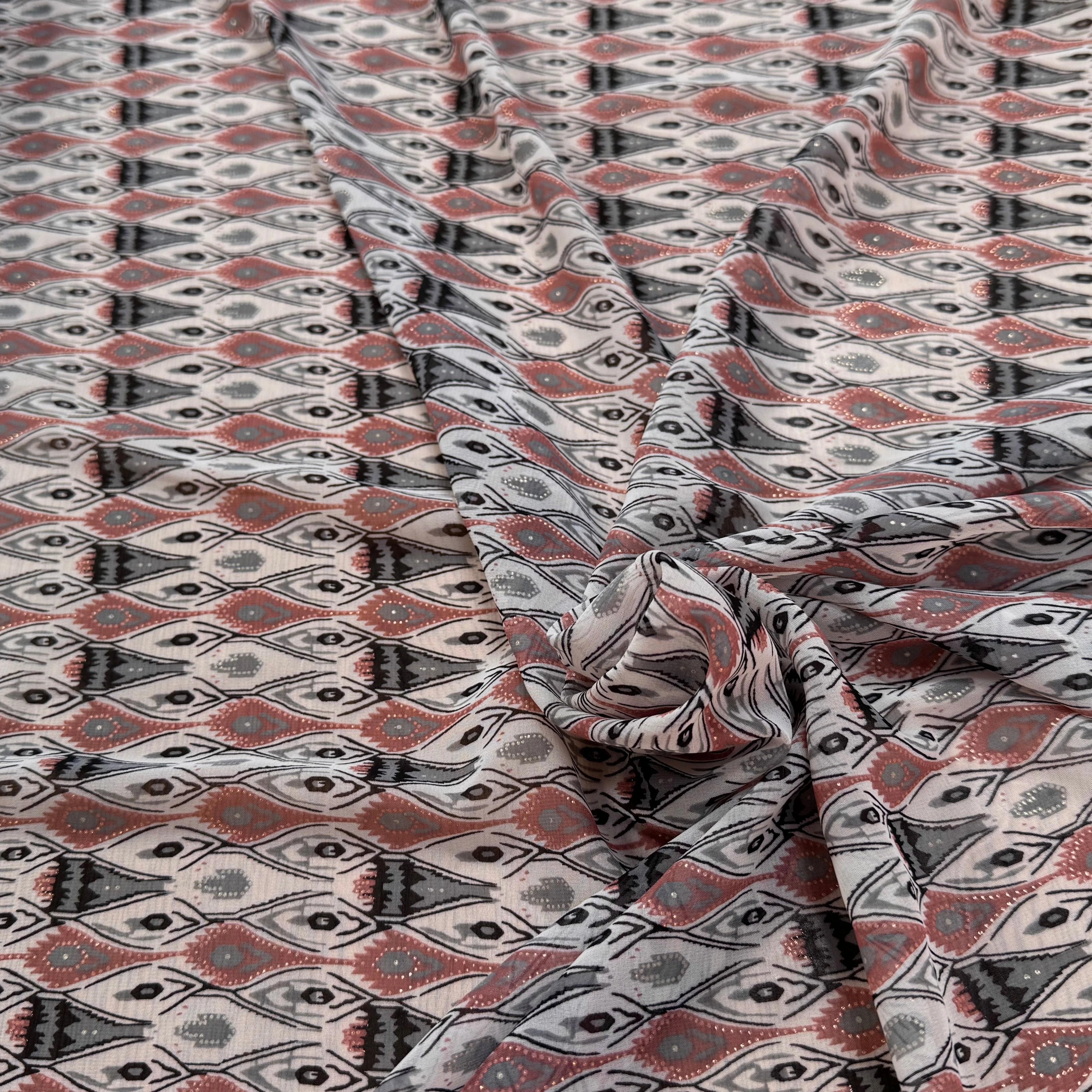 CHIFFON PRINTED MOTIS GÉOMETRIQUES CREME CHOCO FOND ÉCRU - My Little Coupon