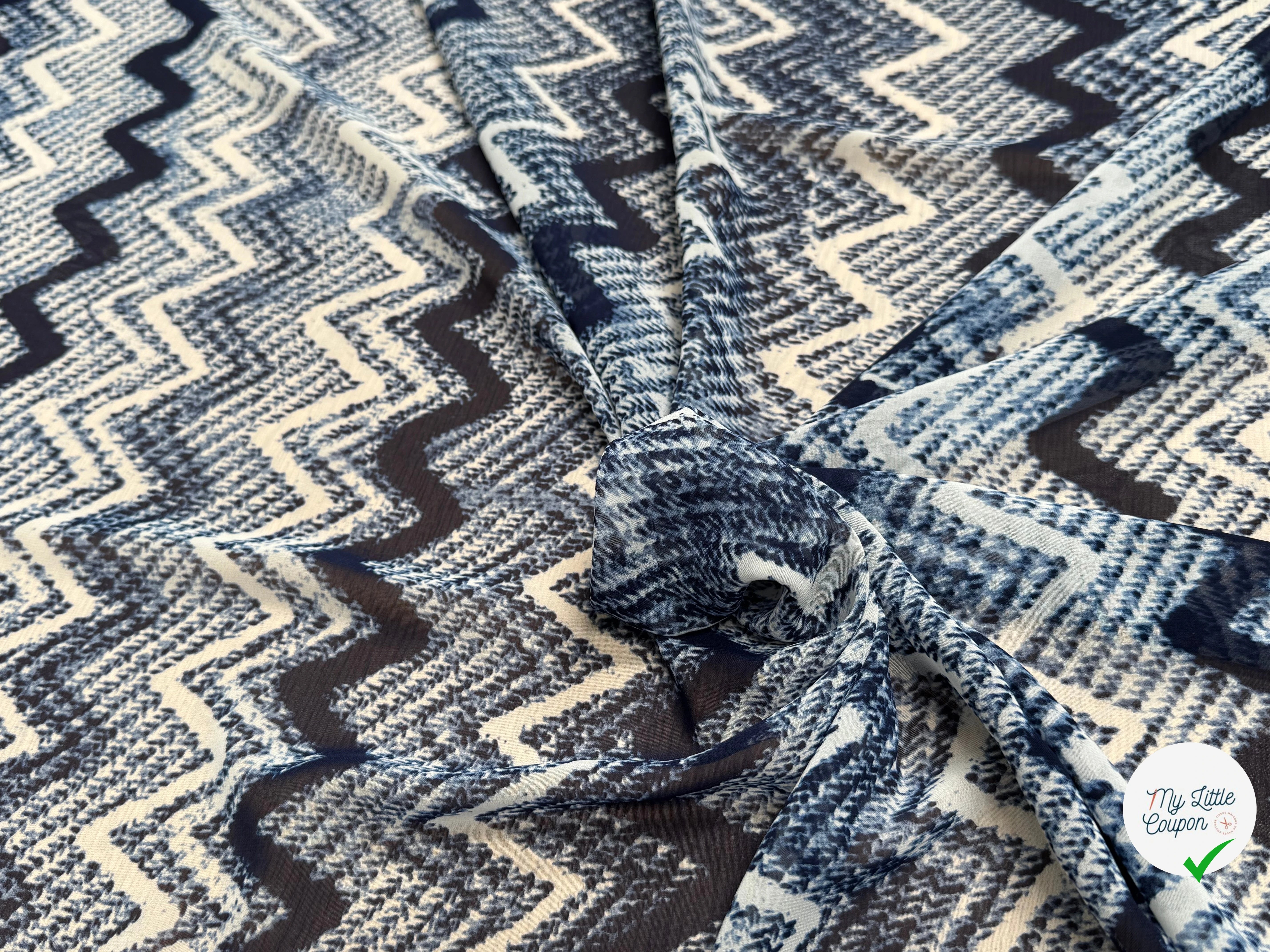 CHIFFON PRINTED RAYURES ZIG-ZAG BLEU BLANC - My Little Coupon