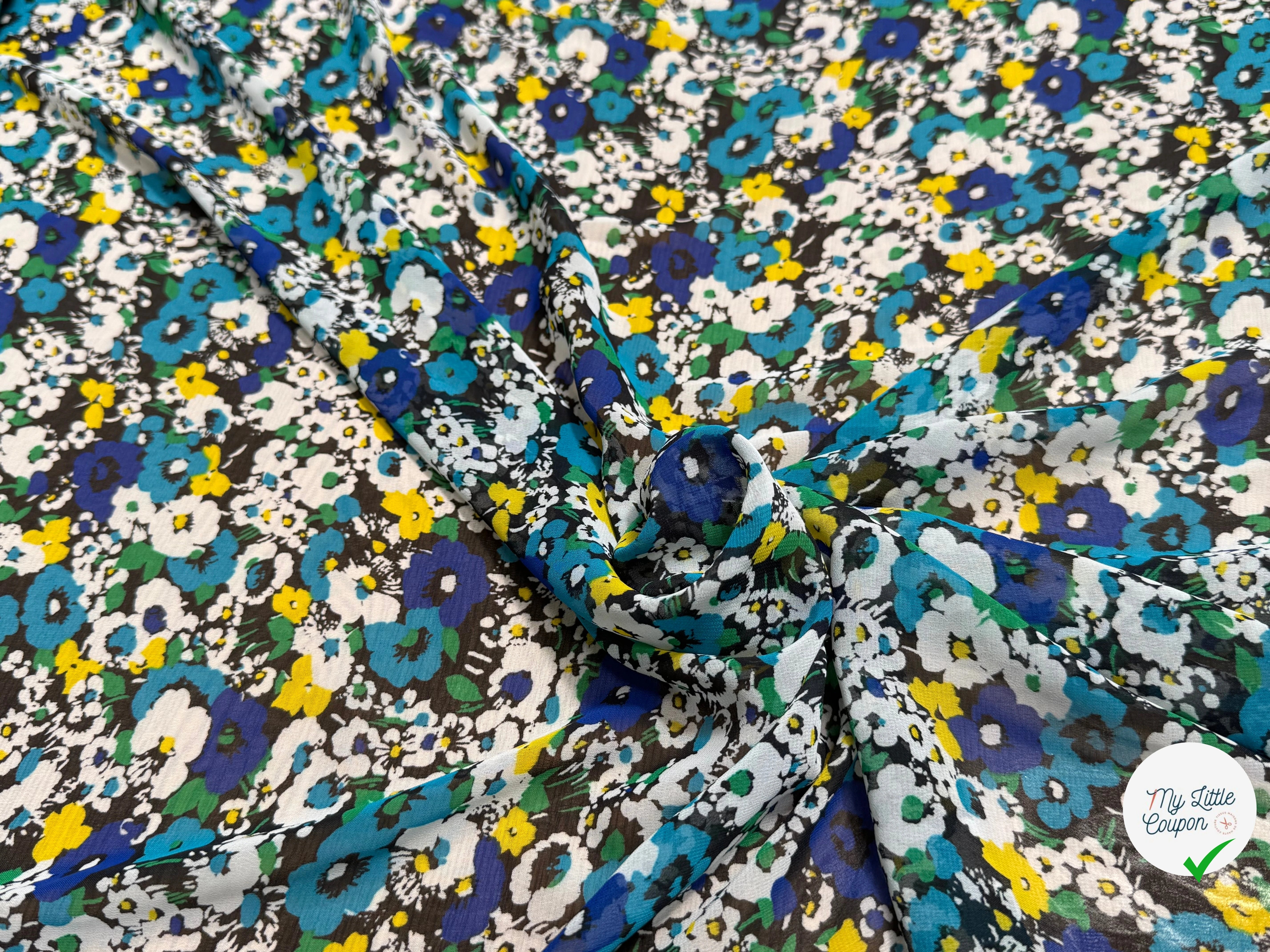 CHIFFON PRINTED TRÈS JOLIES FLEURS MULTICOLORES BLEU JAUNE&TURQUOISE - My Little Coupon