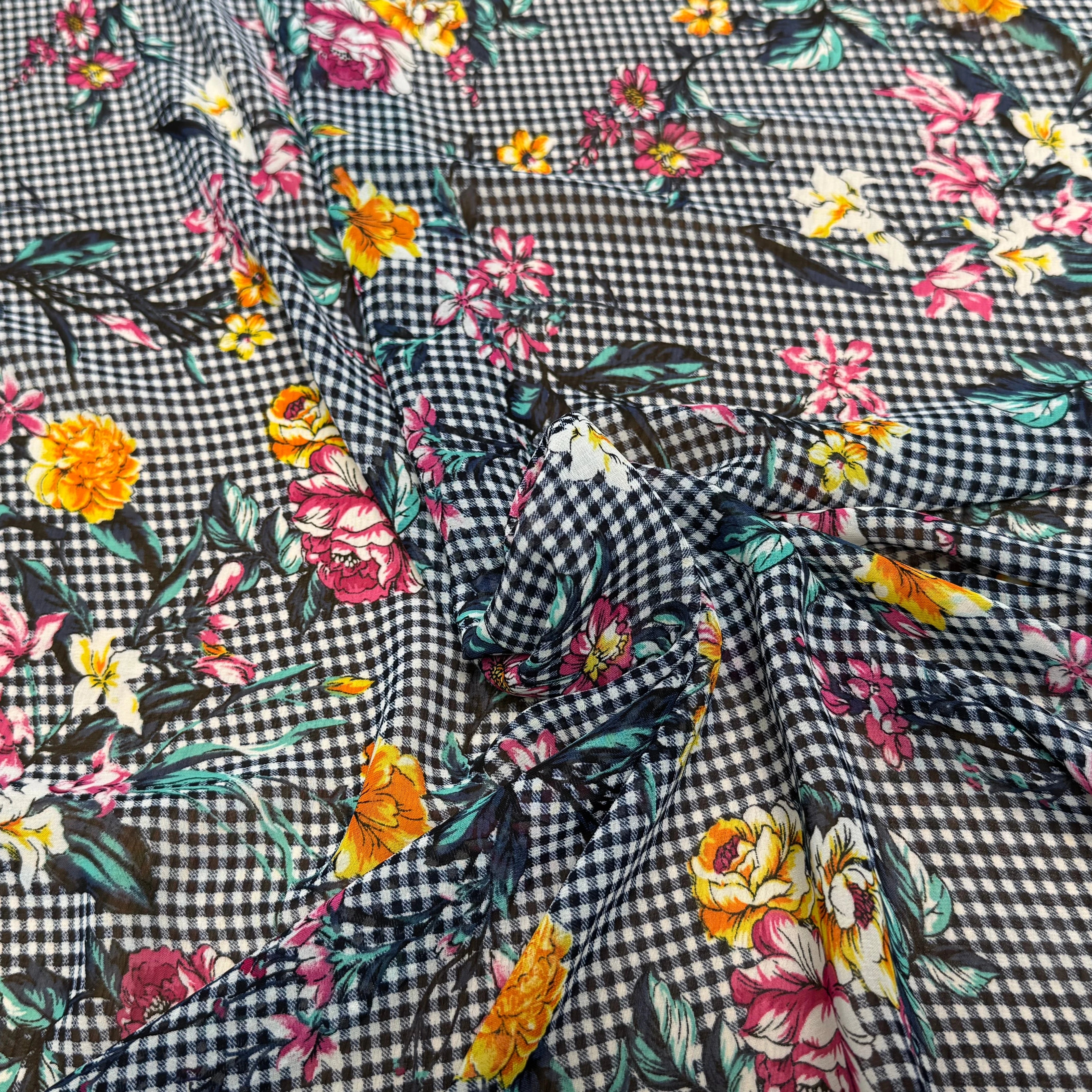 CHIFFON VICHY BLEU FLUIDE GROSSES FLEURS SUPER BEAU - My Little Coupon