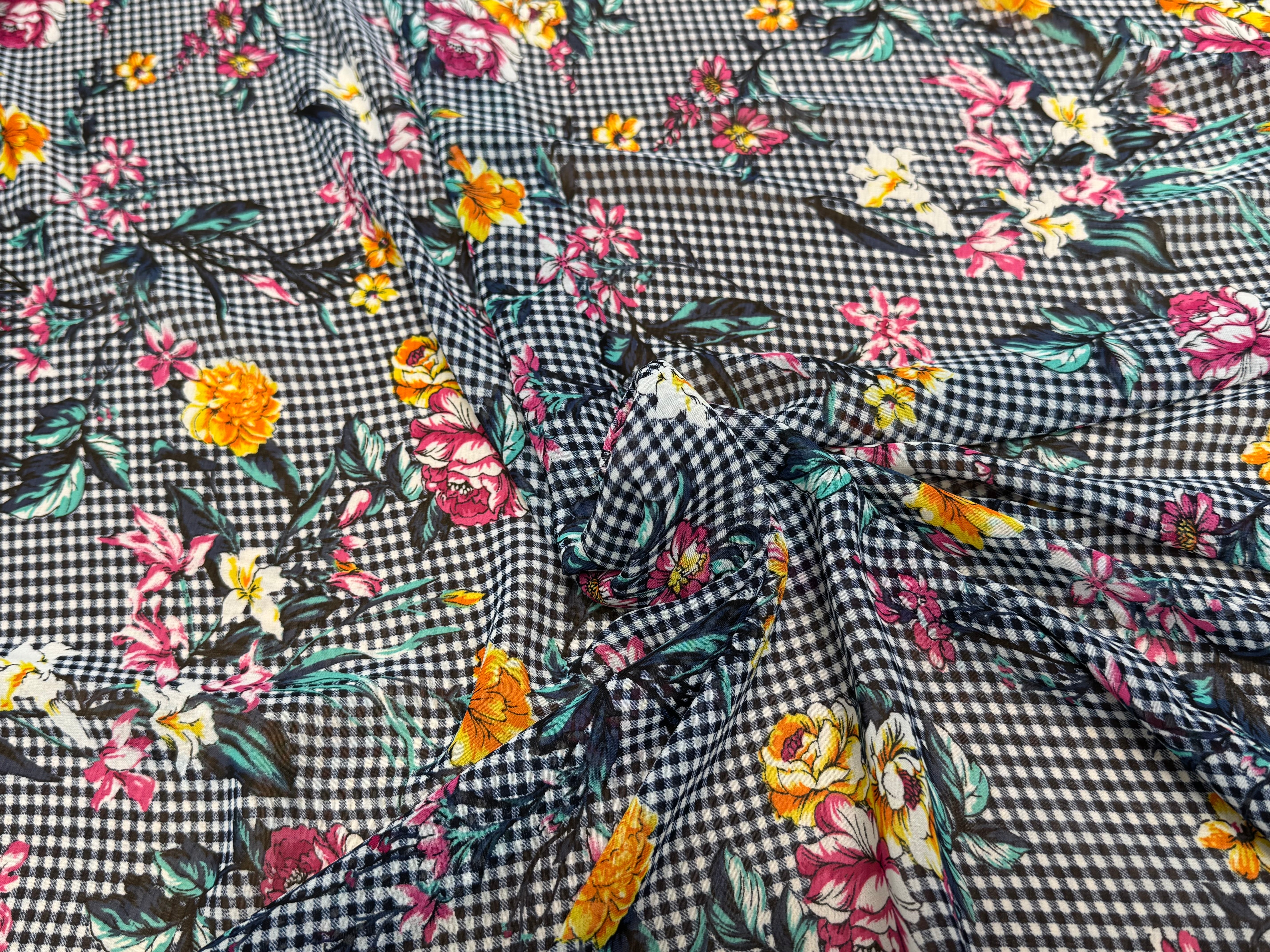 CHIFFON VICHY BLEU FLUIDE GROSSES FLEURS SUPER BEAU - My Little Coupon