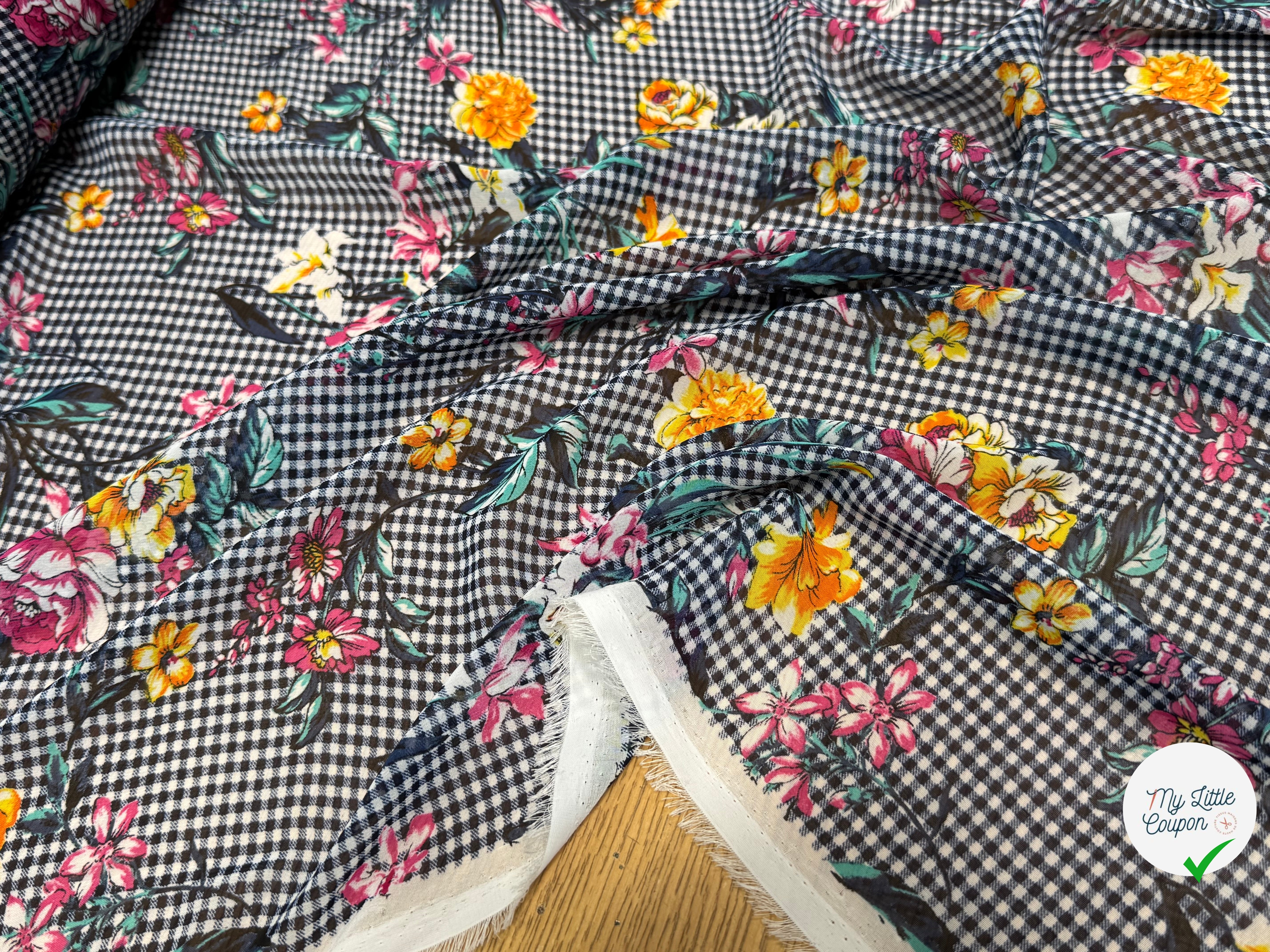CHIFFON VICHY BLEU FLUIDE GROSSES FLEURS SUPER BEAU - My Little Coupon