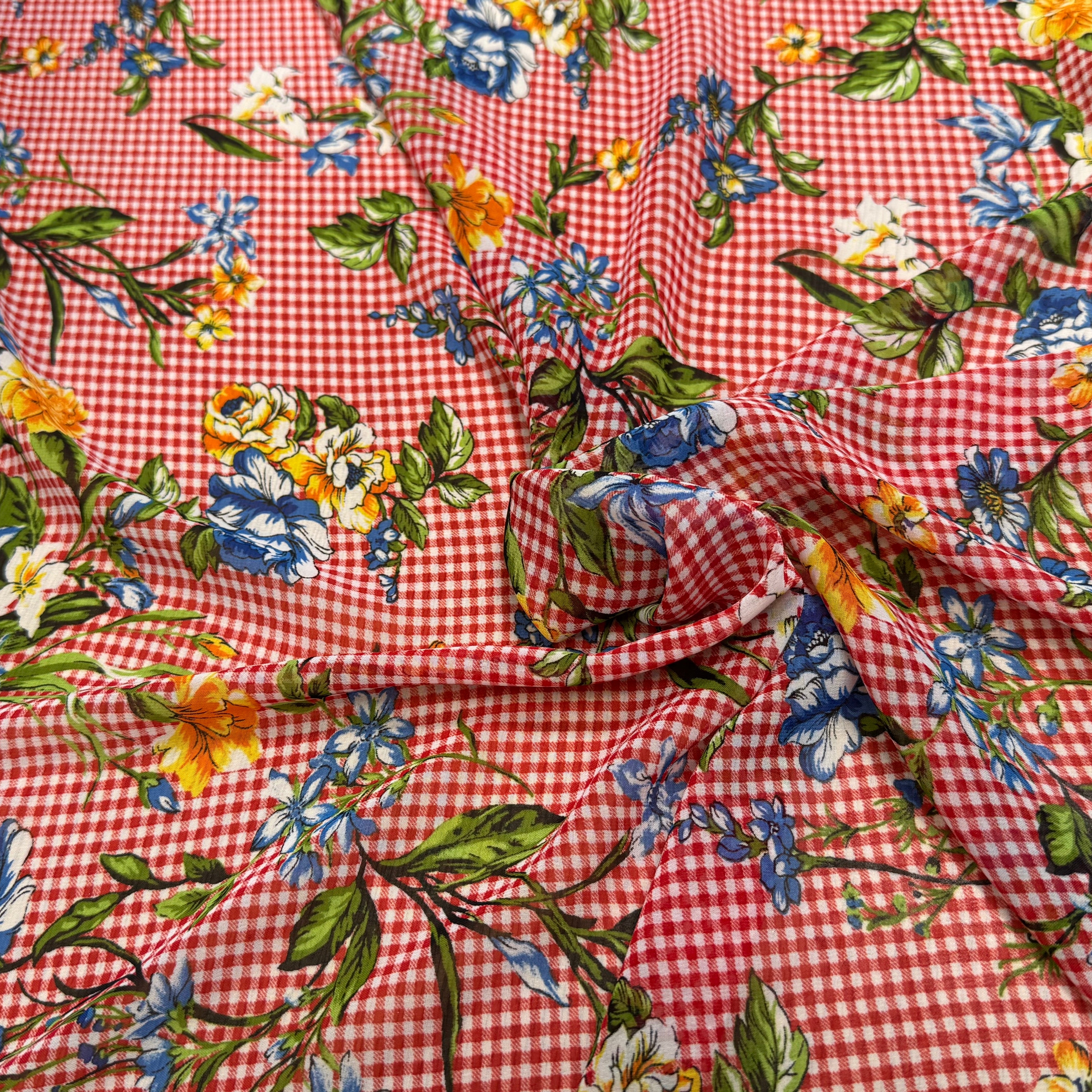 CHIFFON VICHY ROUGE FLUIDE GROSSES FLEURS SUPER BEAU - My Little Coupon
