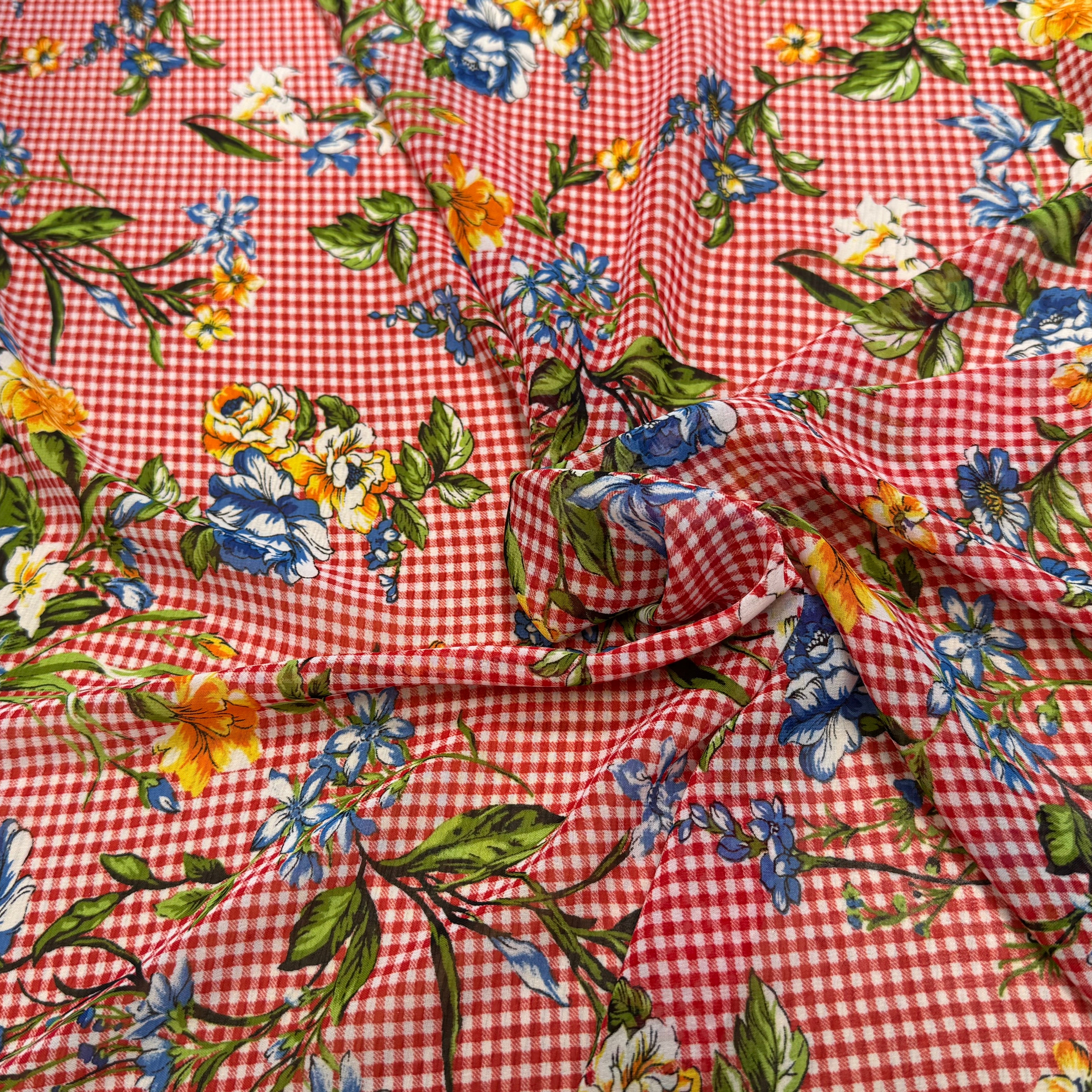 CHIFFON VICHY ROUGE FLUIDE GROSSES FLEURS SUPER BEAU - My Little Coupon