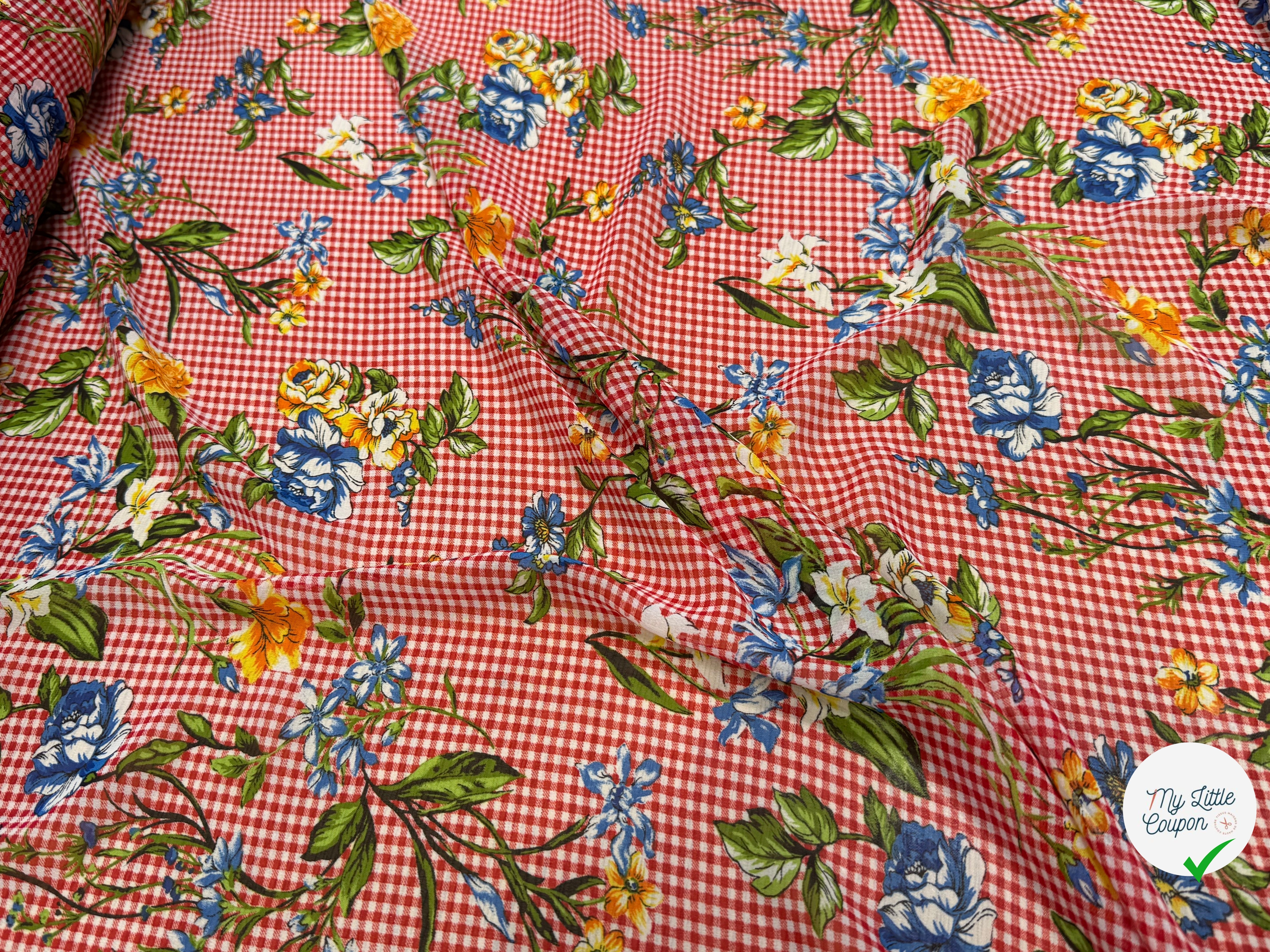 CHIFFON VICHY ROUGE FLUIDE GROSSES FLEURS SUPER BEAU - My Little Coupon